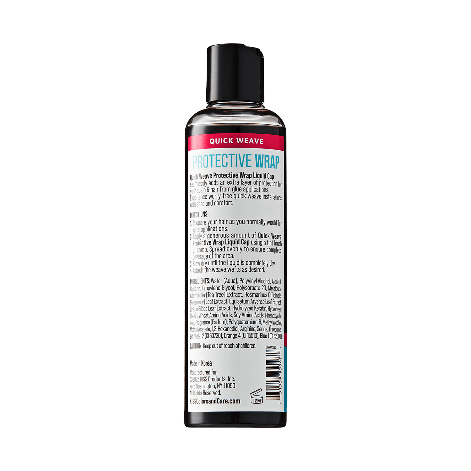 Black capped clear bottle of KISS Colors &amp; Care Protective Wrap Liquid Cap with instructions and ingredients on the label. Key text: "Quick Weave Protective Wrap adds extra scalp and hair protection from glue."