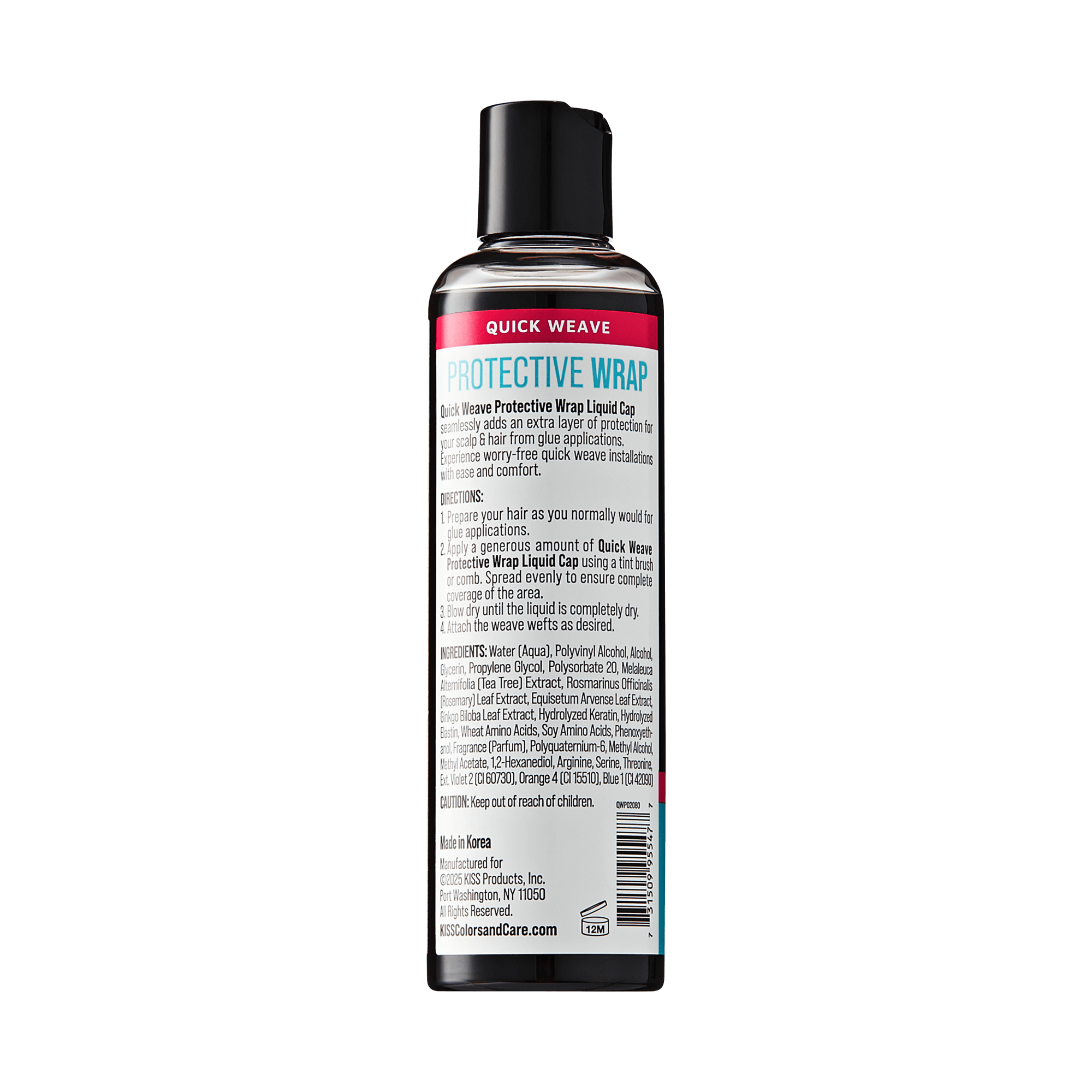 Black capped clear bottle of KISS Colors &amp; Care Protective Wrap Liquid Cap with instructions and ingredients on the label. Key text: "Quick Weave Protective Wrap adds extra scalp and hair protection from glue."