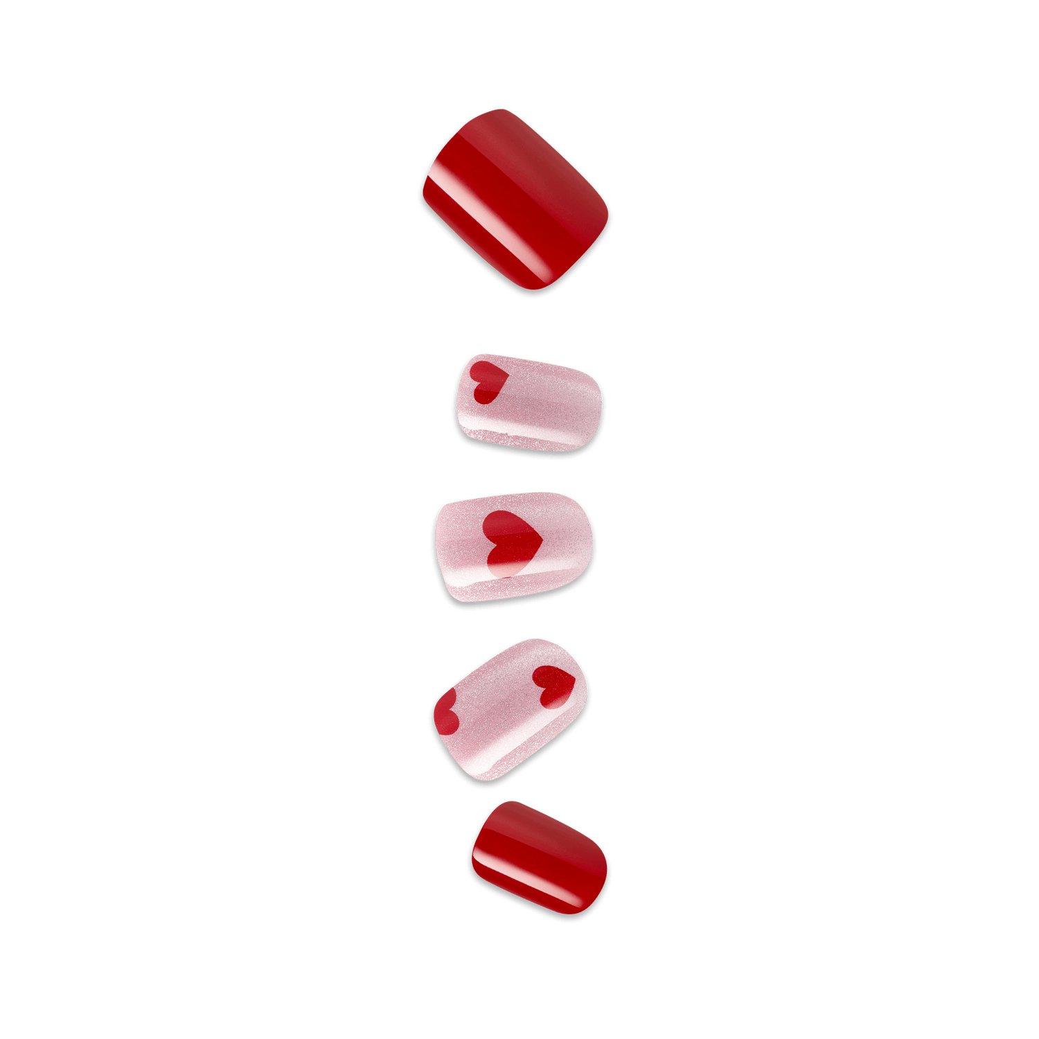 Five red and pink nail polish samples with heart designs displayed vertically.