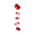 Five red and pink nail polish samples with heart designs displayed vertically.
