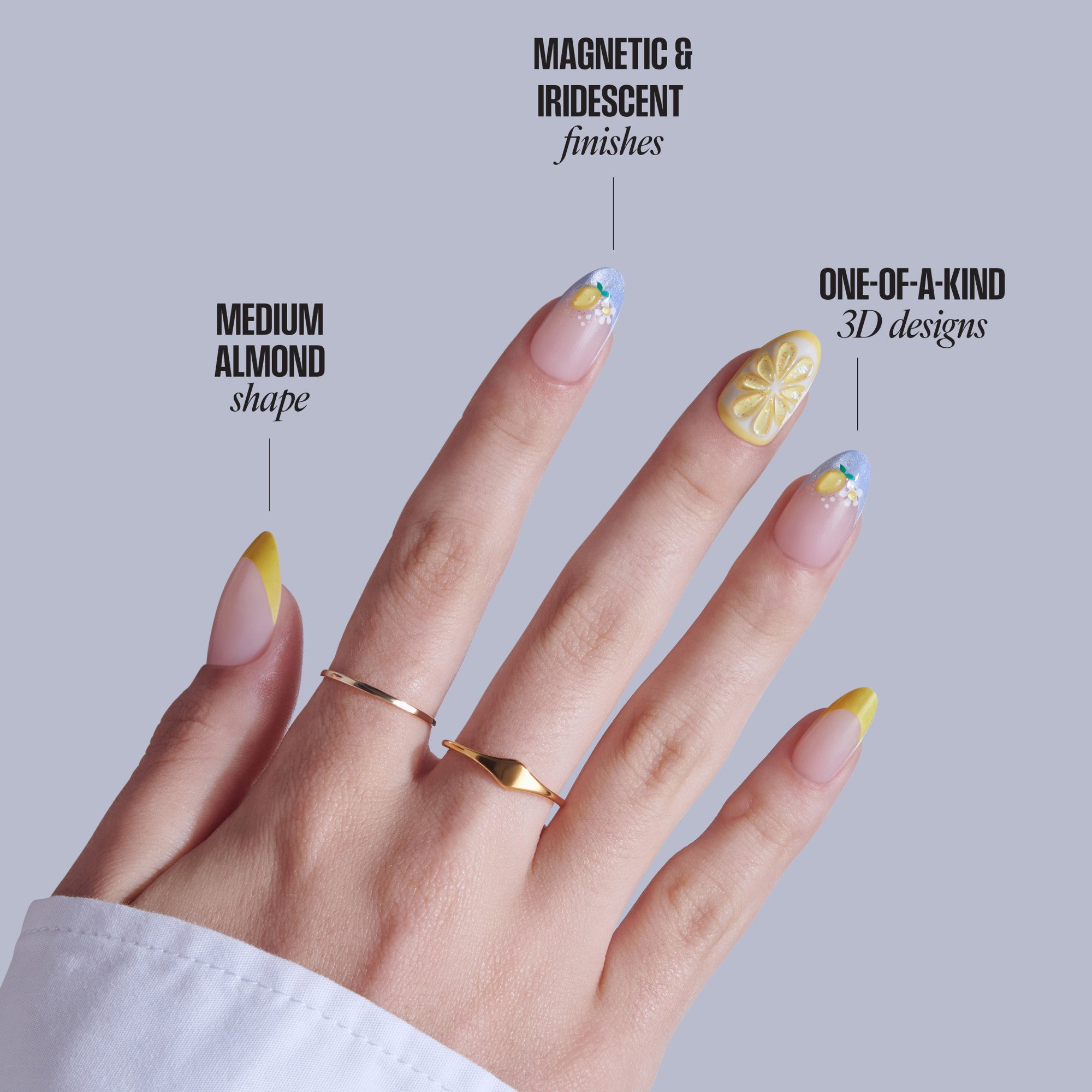 Almond-shaped nails with magnetic, iridescent finishes and 3D designs in gold and pastels.