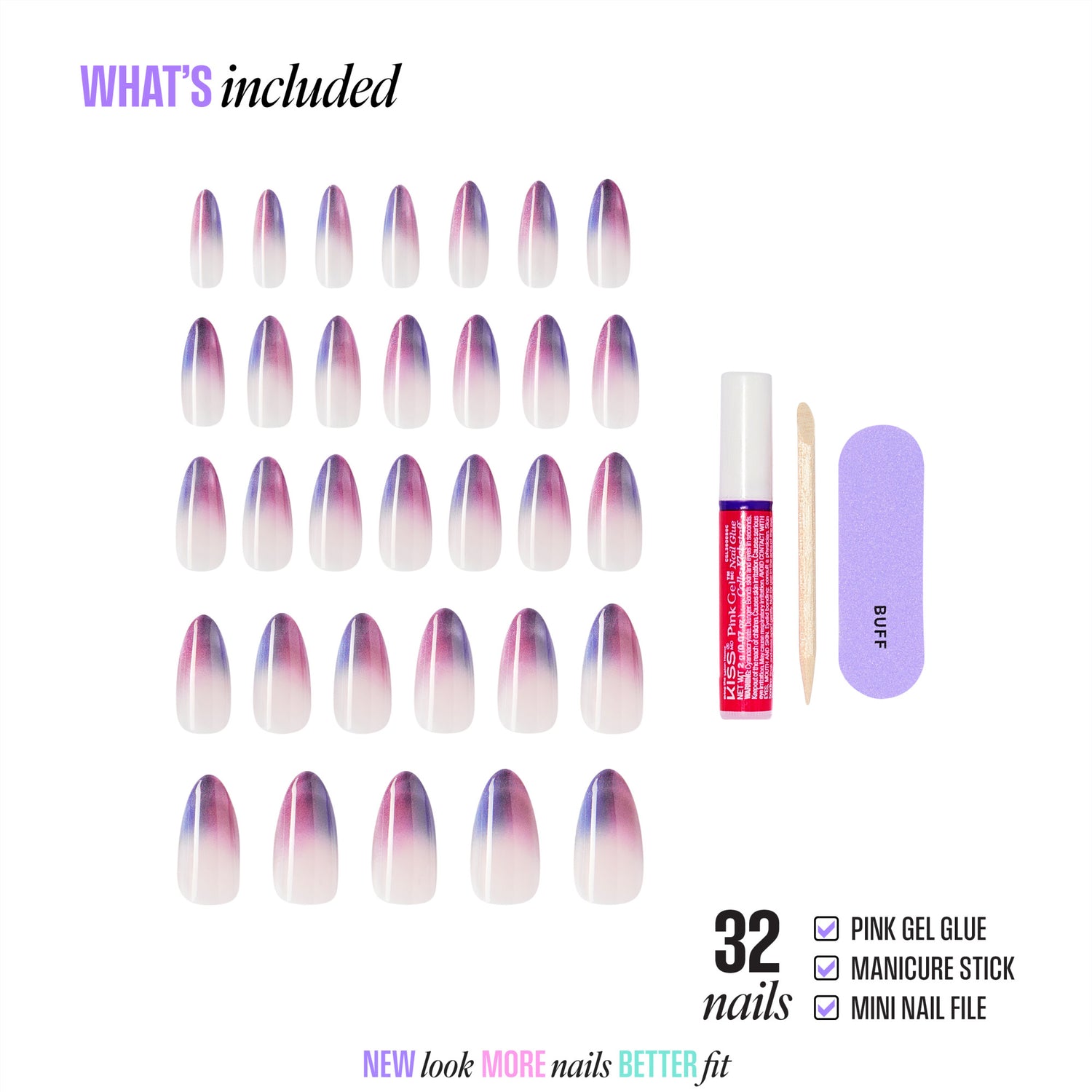 32-piece gradient purple ombre press-on nails with gel glue, manicure stick, and nail file