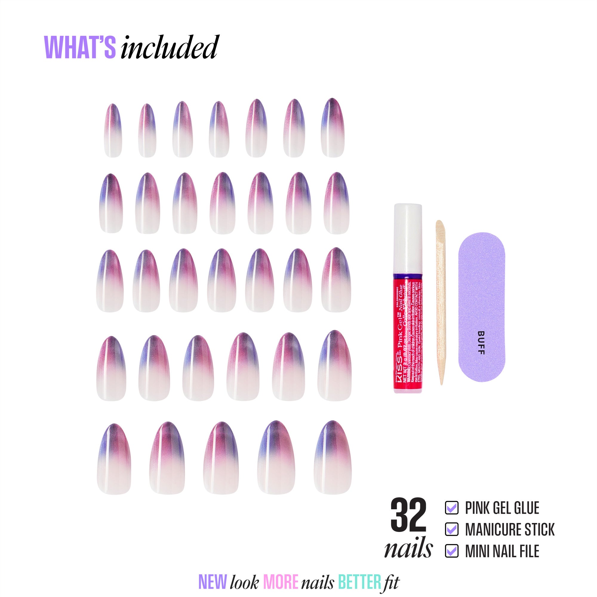 32-piece gradient purple ombre press-on nails with gel glue, manicure stick, and nail file
