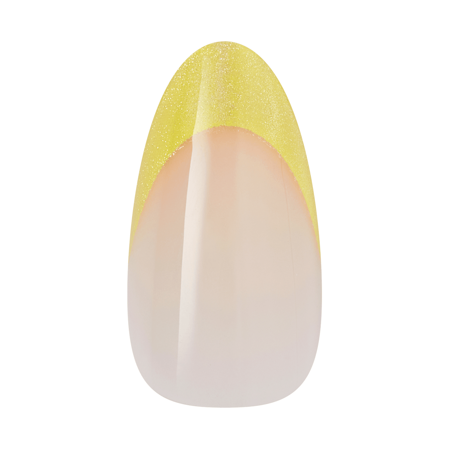 Oval nail with yellow glitter gradient and nude base polish