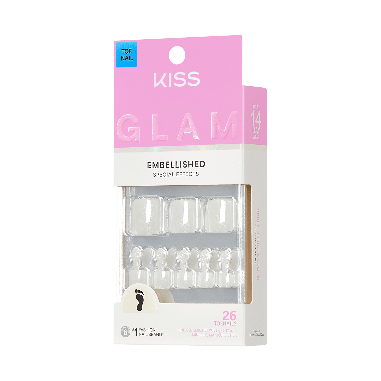 KISS Glam Embellished Toe Nails - 26 Piece Clear Gel Nail Set