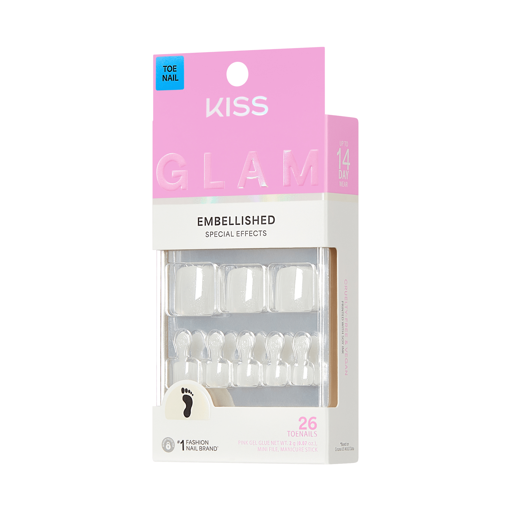KISS Glam Embellished Toe Nails - 26 Piece Clear Gel Nail Set