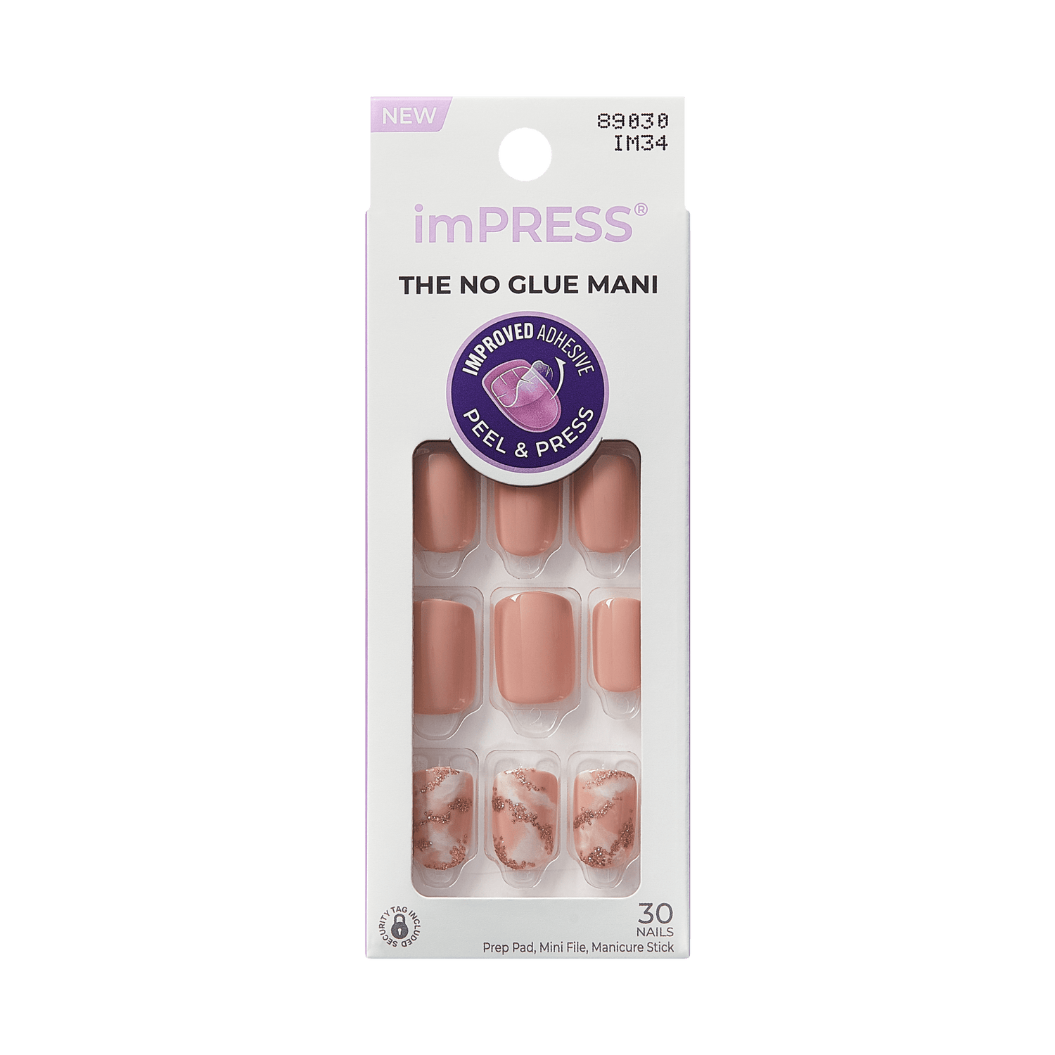 imPRESS press-on nails in soft pink with three marble and glitter accent nails, packaged in white box with \