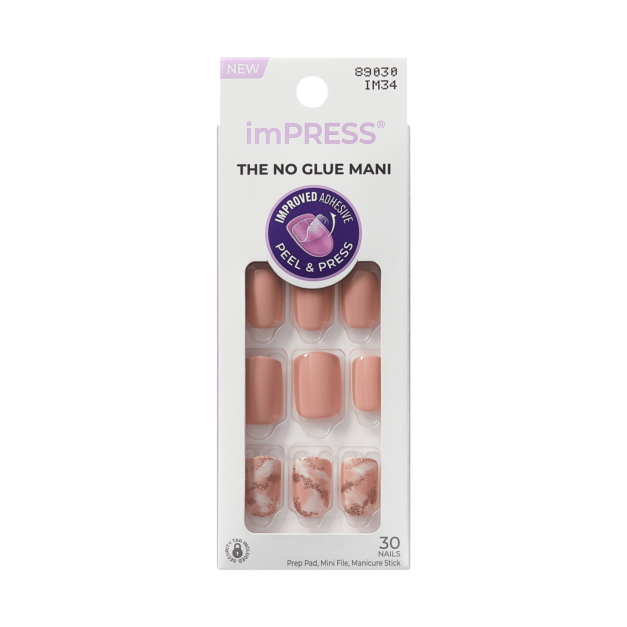 imPRESS press-on nails in soft pink with three marble and glitter accent nails, packaged in white box with \
