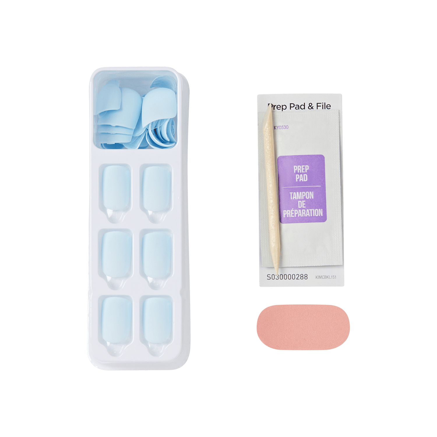 Nail prep kit with blue press-on nails, prep pad, file, and nude nail polish.