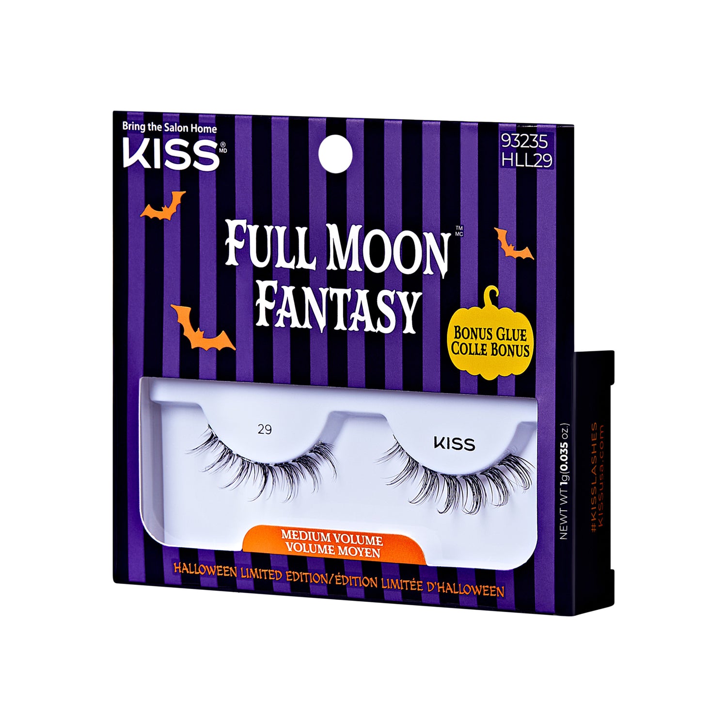 The image shows a package of false eyelashes from the brand "KISS." The product is named "Full Moon Fantasy" and is part of a Halloween limited edition. The packaging has a purple and black striped background with Halloween-themed graphics, including a bat and a pumpkin. The package also mentions that it includes a bonus glue. The eyelashes are labeled as "Medium Volume." The product code "93235 HLL29" is visible on the top right corner of the package.