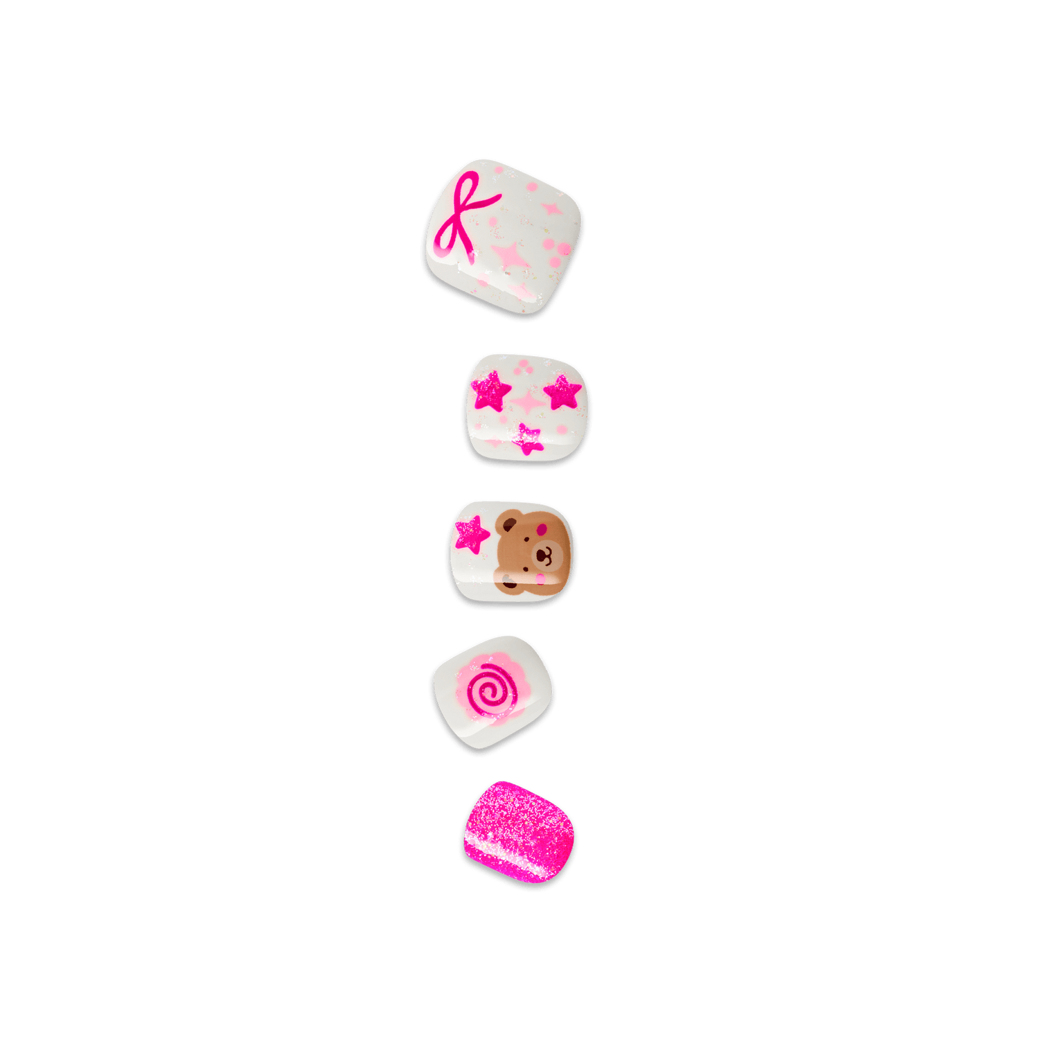 Five pink and white decorative bath bombs with stars, bow, teddy bear, spiral, and glitter designs