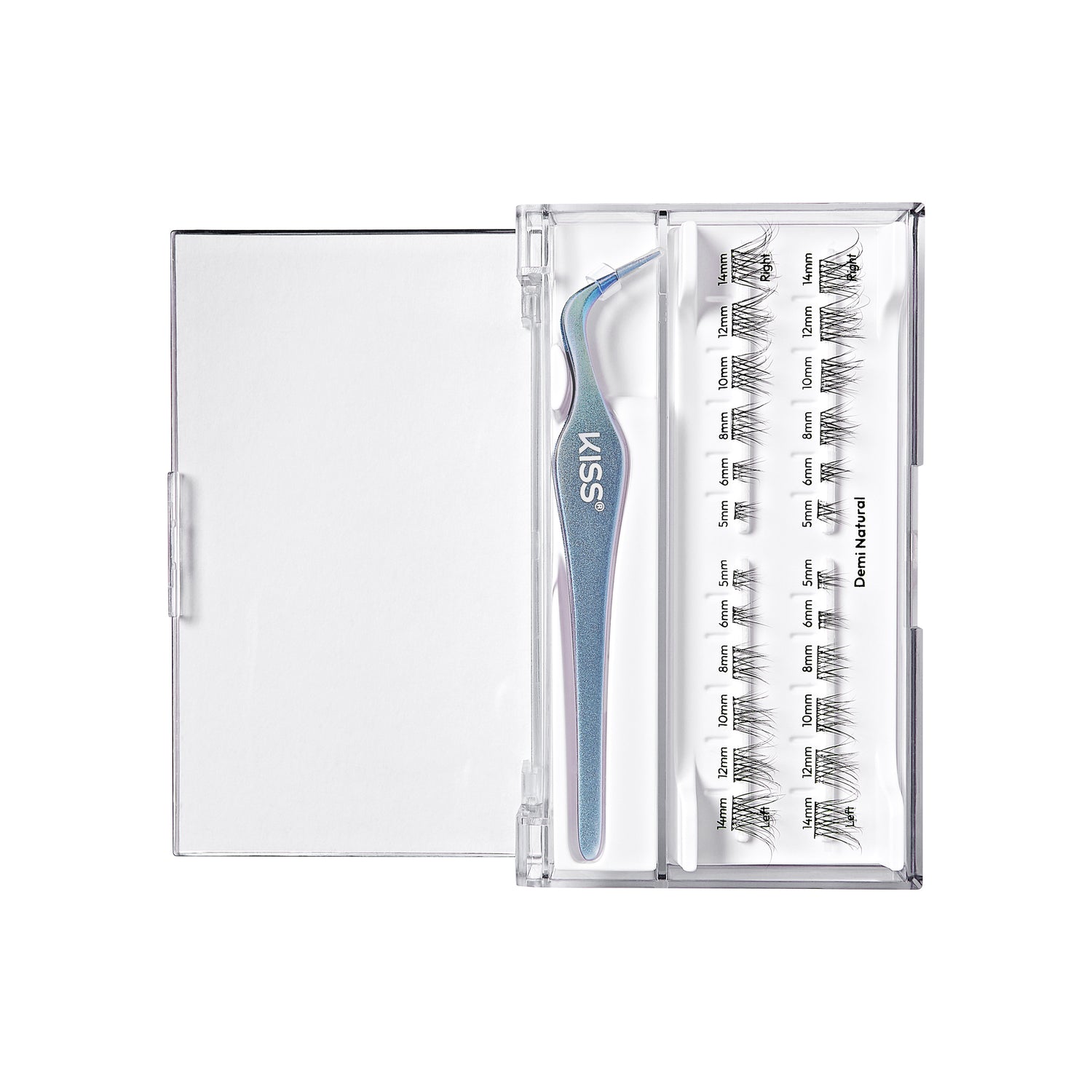 The image features a clear, rectangular case containing individual false eyelashes arranged neatly in rows. Accompanying the lashes is a pair of tweezers designed for easy application. The tweezers have a sleek, blue design, and the case is labeled with the brand name "KISS." The overall presentation is organized and professional, ideal for makeup enthusiasts or professionals looking to enhance their eye makeup with false lashes.