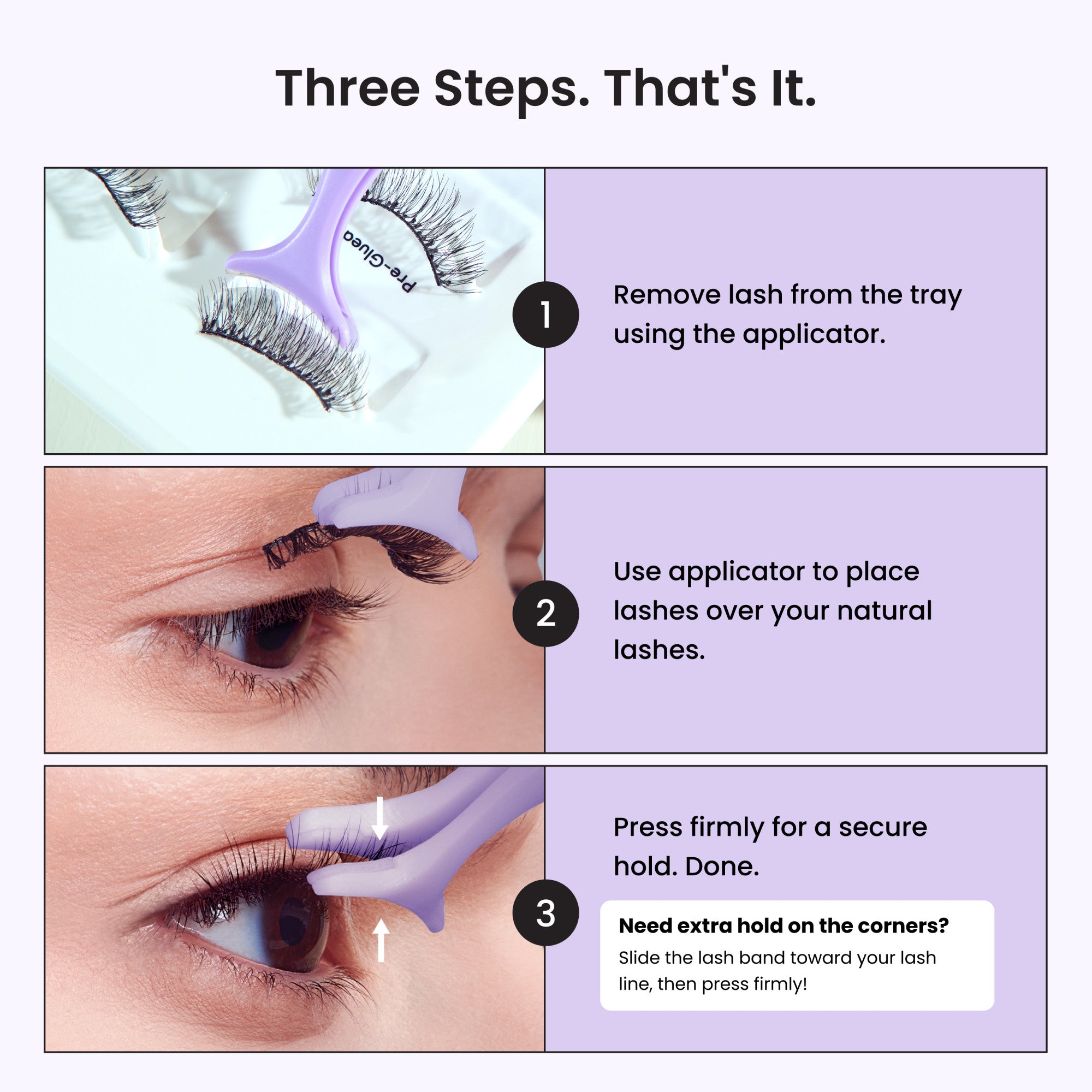 Three-step guide to applying false lashes with applicator tool.