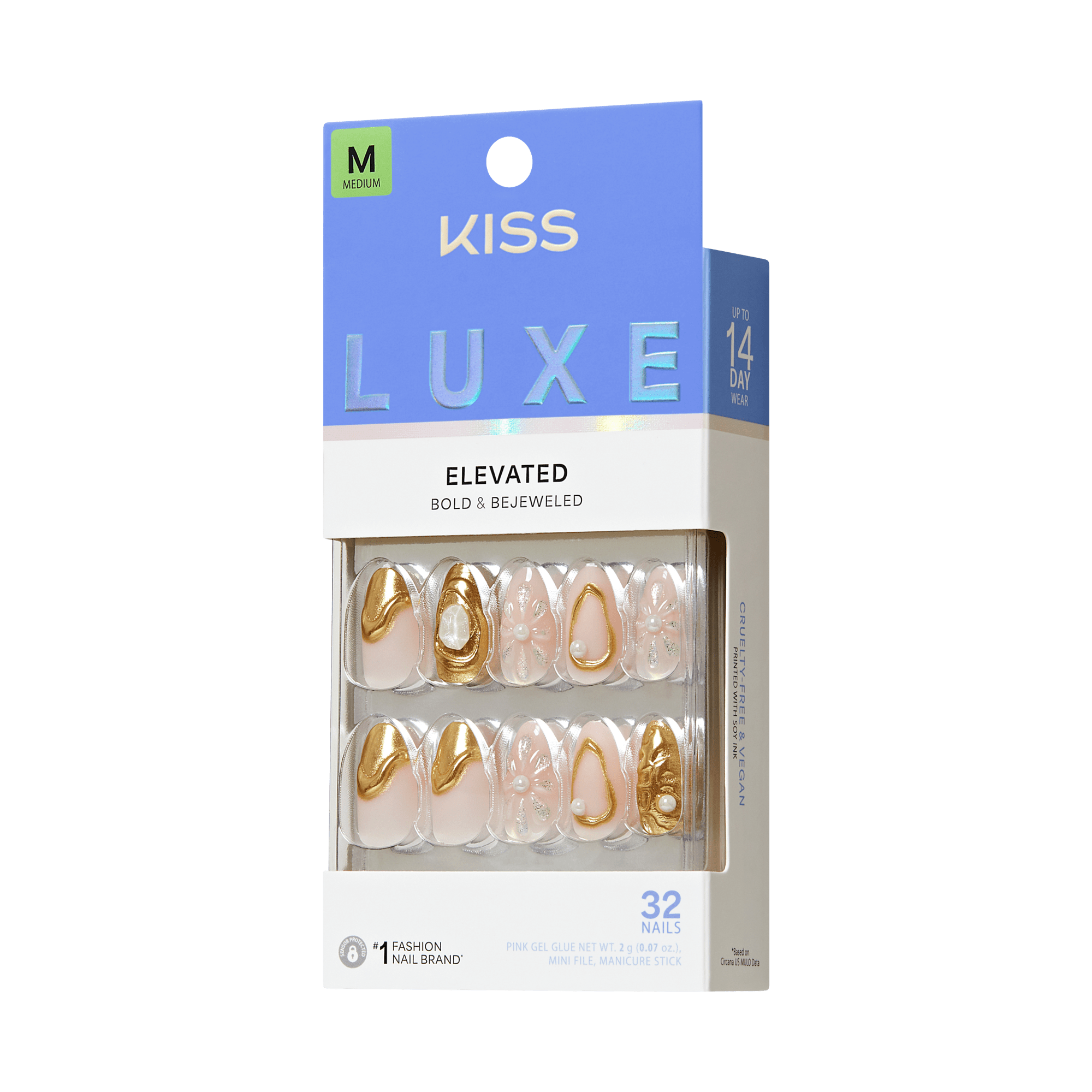 KISS Luxe Elevated Medium Fake Nails, 32-Count, Gold &amp; Nude Design