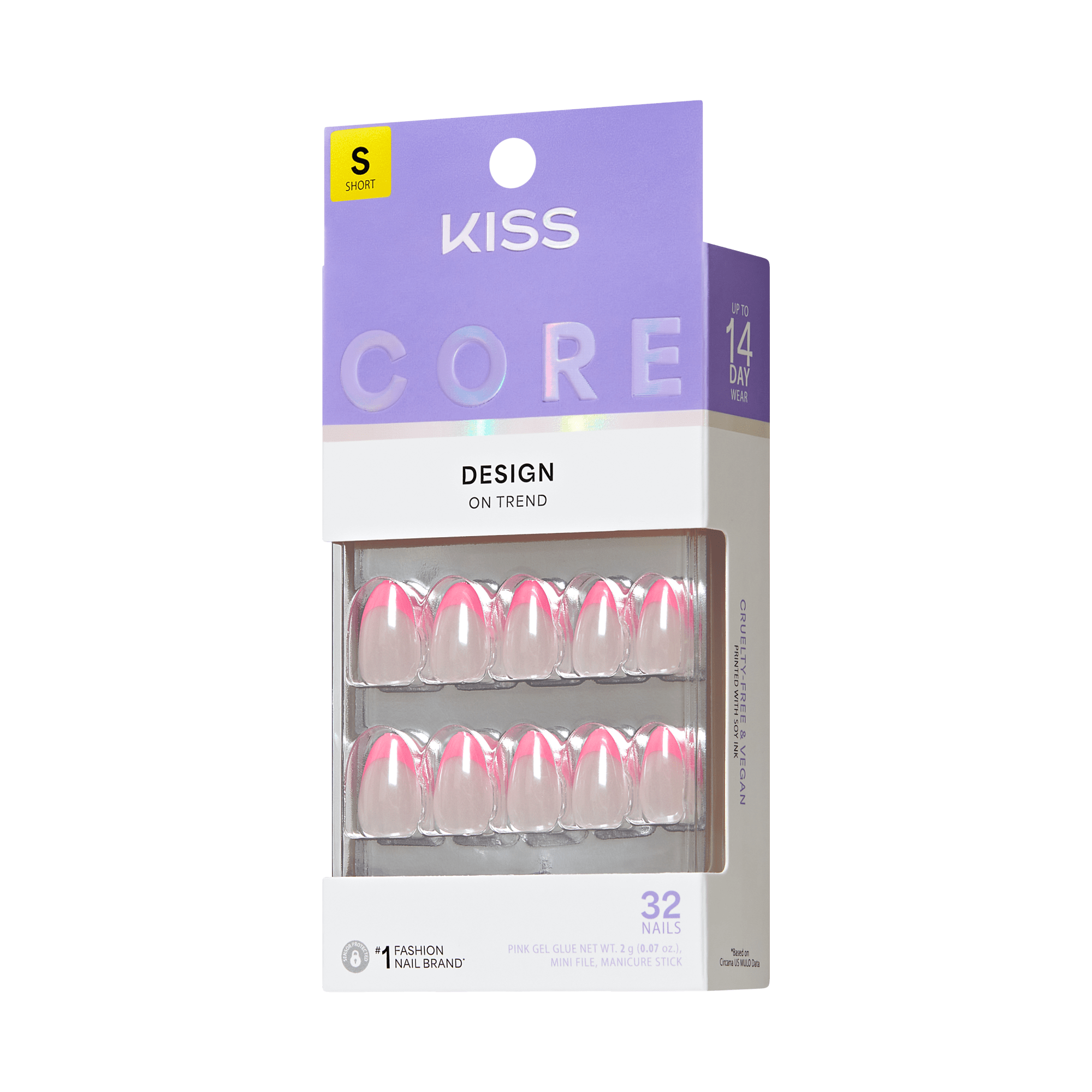 KISS Core Design On Trend short pink ombre press-on nails, 32 count package