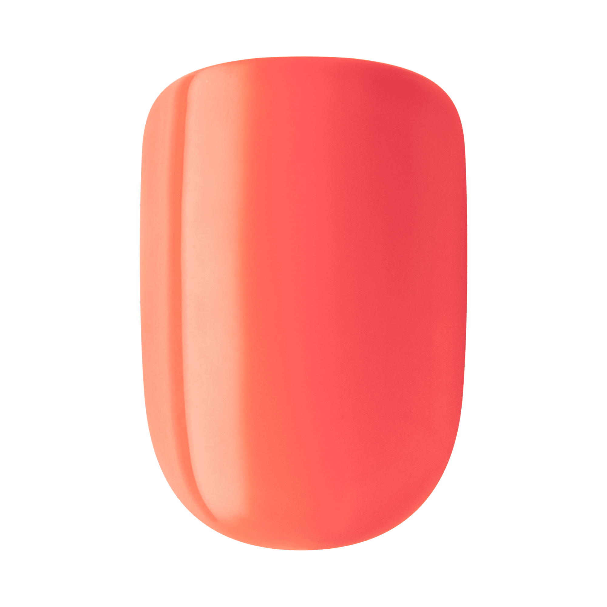 The image features a smooth, glossy nail polish swatch in a vibrant coral color. The shape is oval and slightly rounded at the edges, showcasing a bright and cheerful hue that suggests a lively and summery vibe. The finish appears shiny, indicating a high-quality polish.