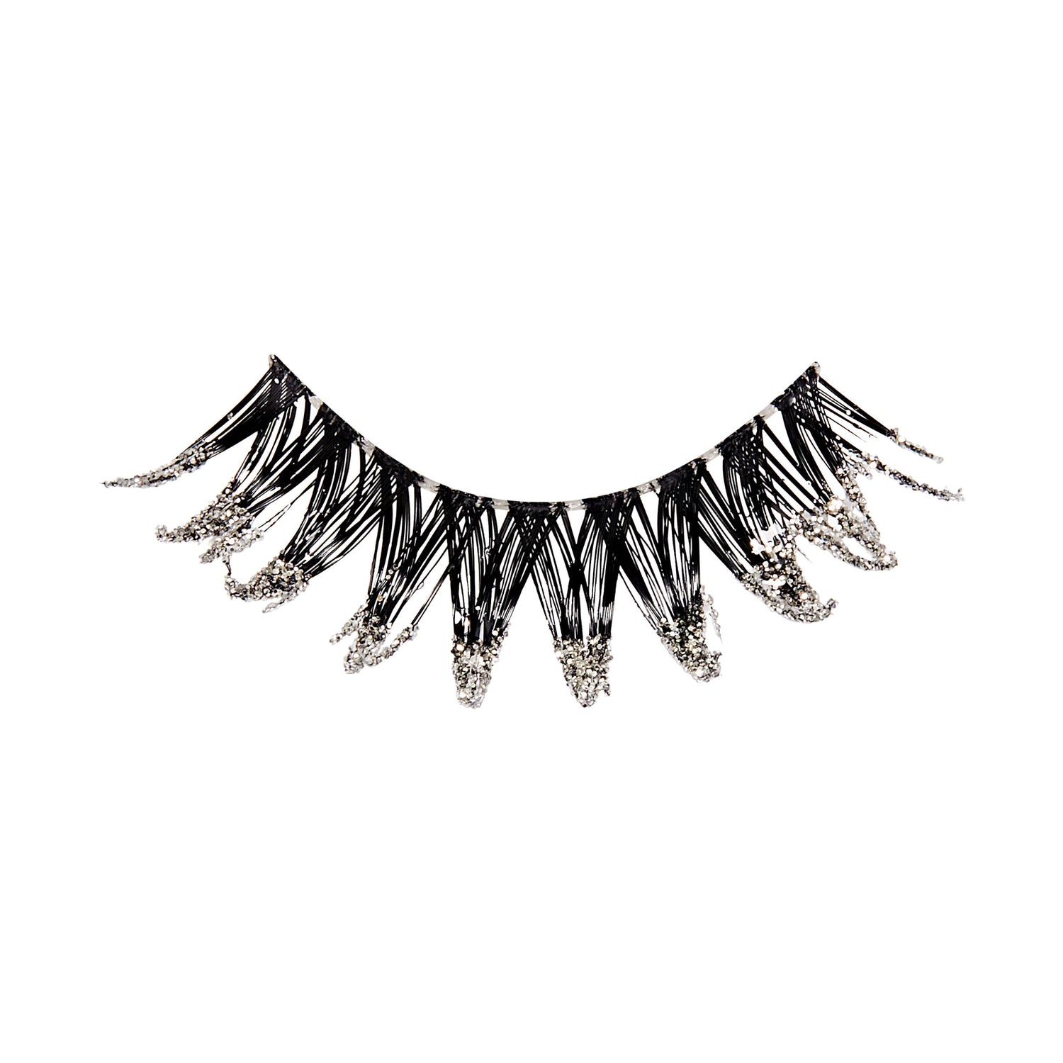 Black false eyelashes with silver glitter tips on white background