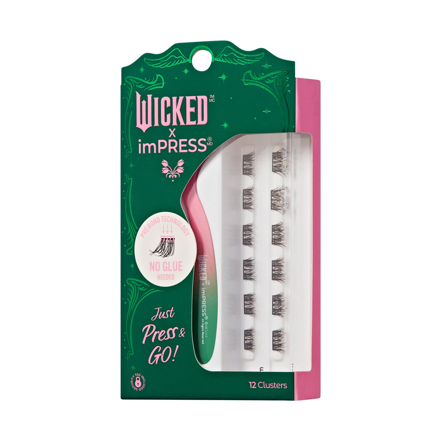 The image features a packaging for a beauty product called "Wicked x imPRESS." It showcases a set of 12 clusters of false eyelashes. The packaging is predominantly pink with green accents and includes the text "Just Press &amp; Go!" prominently displayed. There is also a graphic of a butterfly, emphasizing the brand&