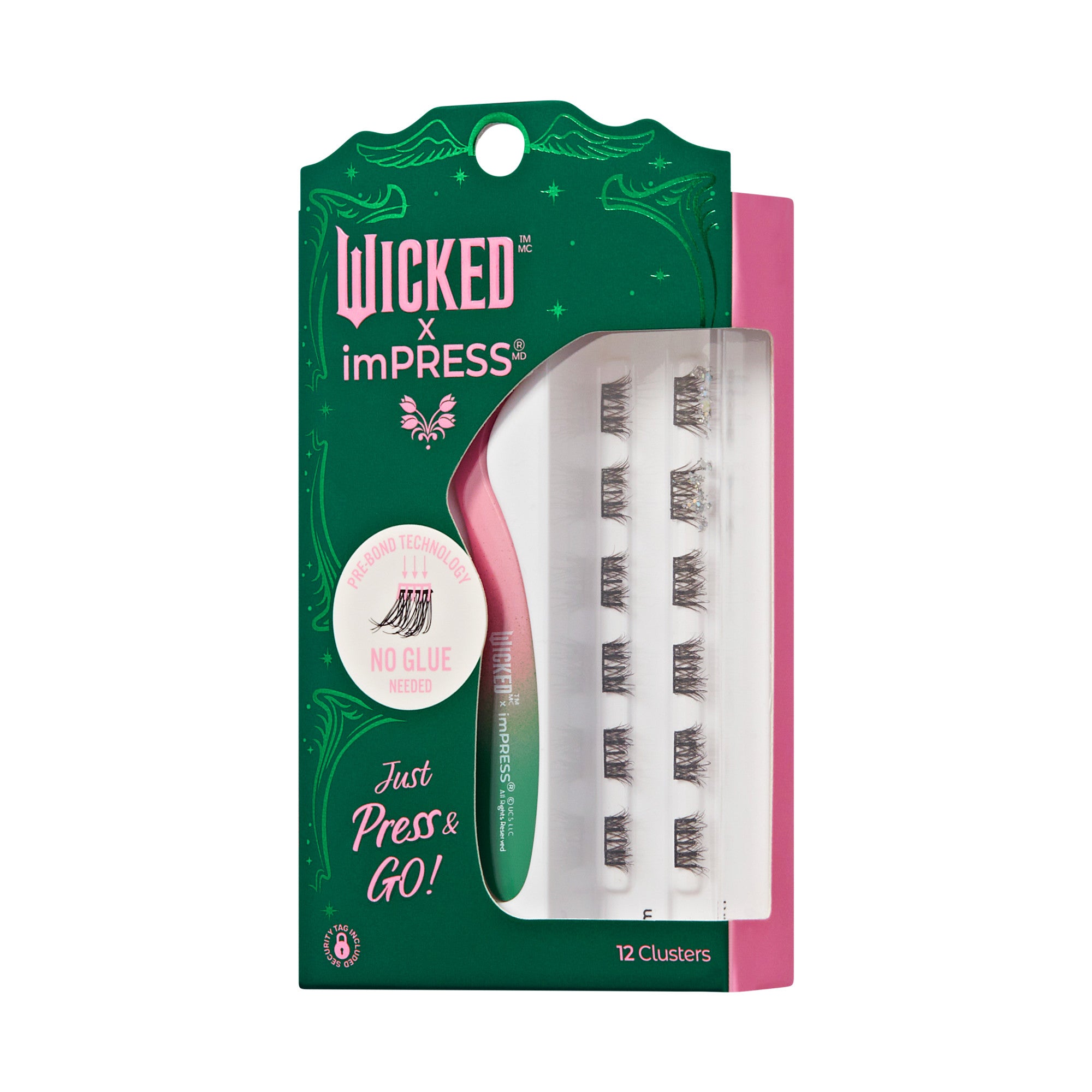 The image features a packaging for a beauty product called "Wicked x imPRESS." It showcases a set of 12 clusters of false eyelashes. The packaging is predominantly pink with green accents and includes the text "Just Press &amp; Go!" prominently displayed. There is also a graphic of a butterfly, emphasizing the brand&