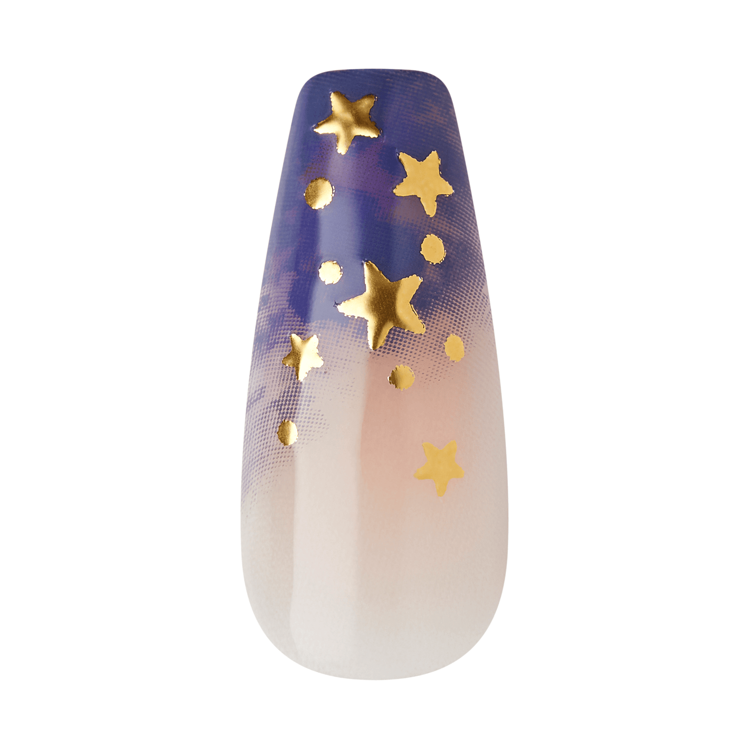 The image shows a single artificial nail with a decorative design. The nail features a gradient background that transitions from a deep blue at the top to a light pinkish-white at the bottom. Over this gradient, there are several gold stars of varying sizes scattered across the surface, creating a celestial or night sky theme. The overall design is elegant and whimsical, suitable for a stylish and unique manicure.