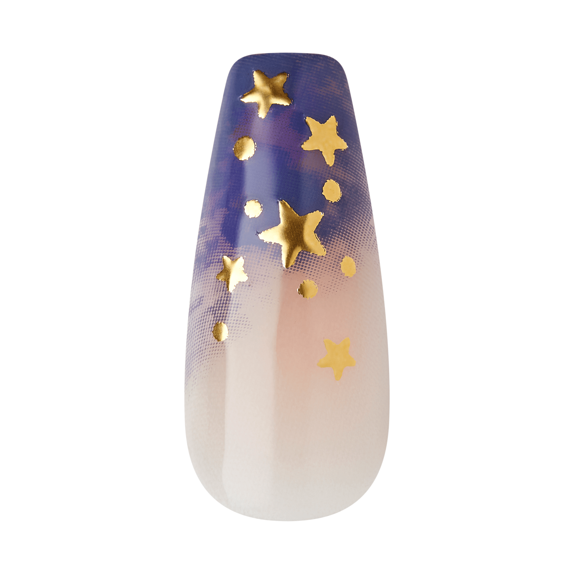 The image shows a single artificial nail with a decorative design. The nail features a gradient background that transitions from a deep blue at the top to a light pinkish-white at the bottom. Over this gradient, there are several gold stars of varying sizes scattered across the surface, creating a celestial or night sky theme. The overall design is elegant and whimsical, suitable for a stylish and unique manicure.