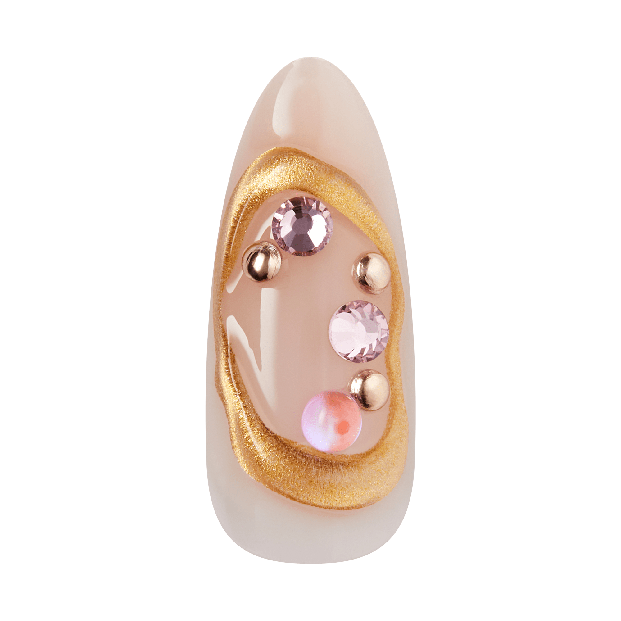 Nude almond nail with gold swirl and pink rhinestone embellishments