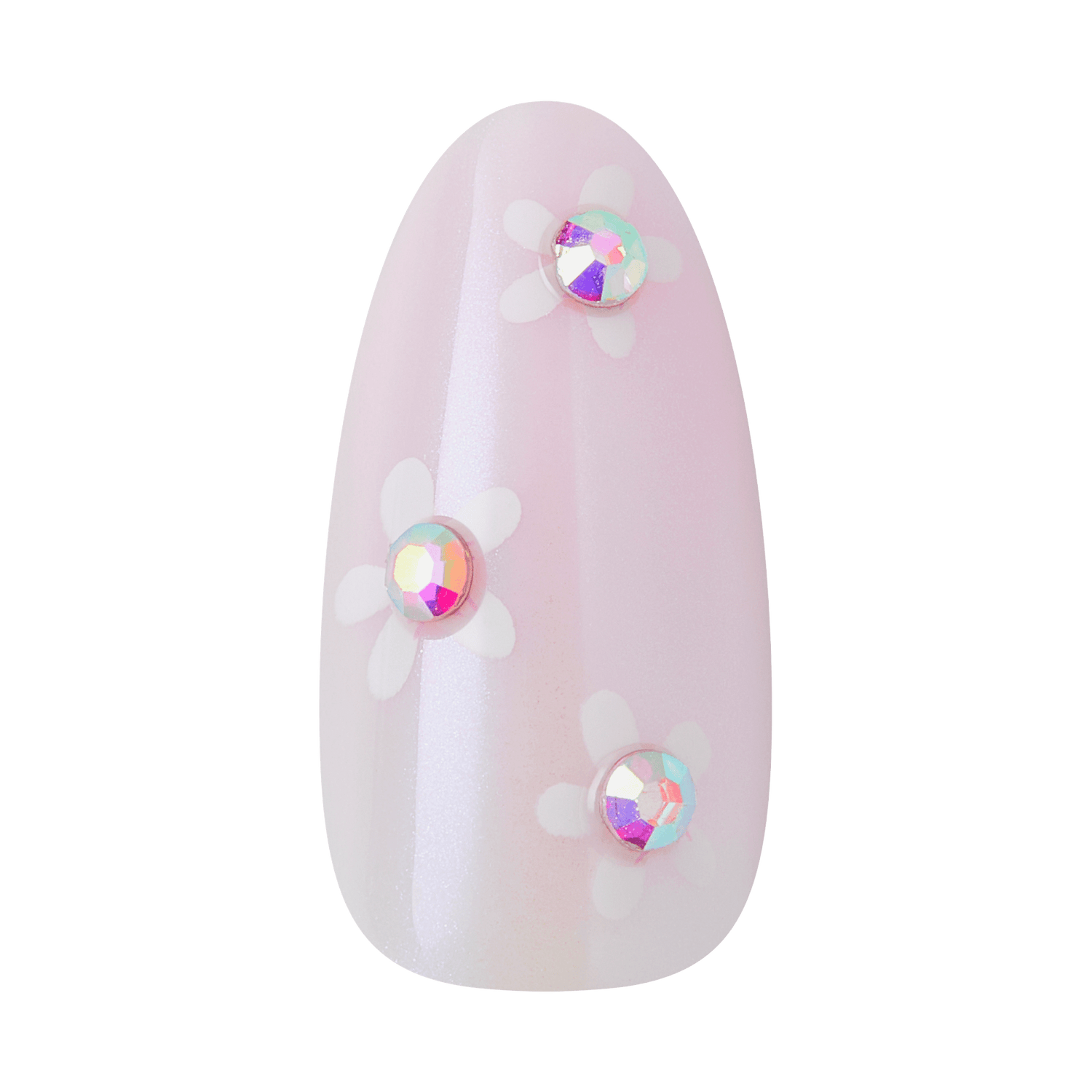 Pink almond nail with white flowers and iridescent rhinestone accents.
