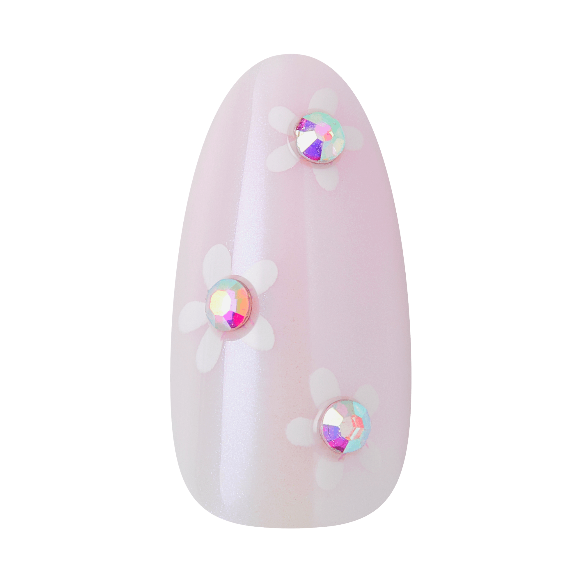 Pink almond nail with white flowers and iridescent rhinestone accents.