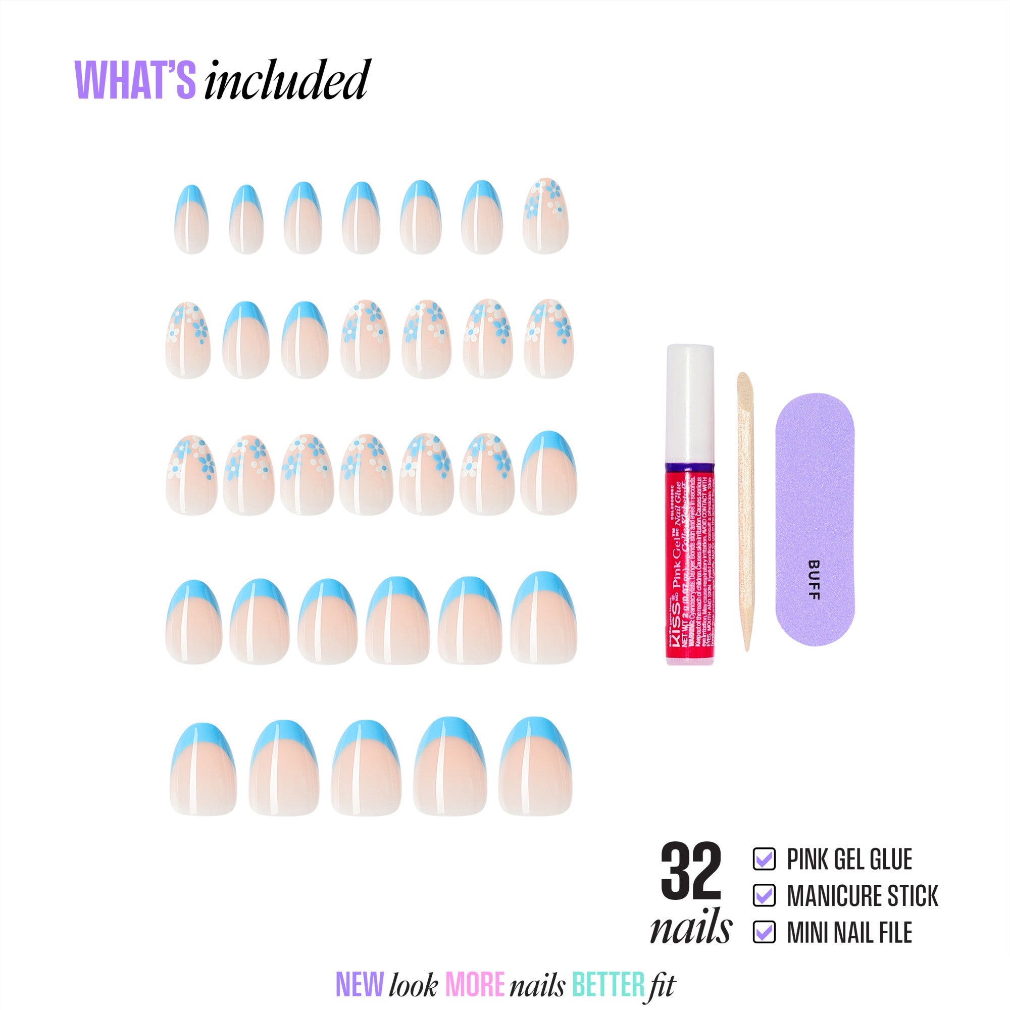 32 blue and nude gel nails with pink gel glue, manicure stick, and mini nail file included.
