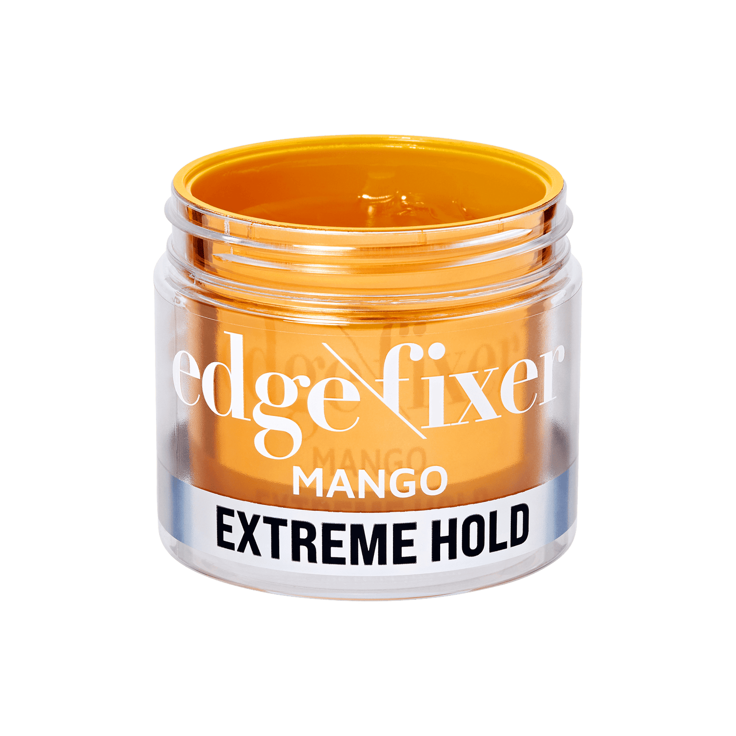 Clear jar of KISS Colors &amp; Care edge fixer gel in mango scent, bright orange gel visible inside, labeled "Extreme Hold."