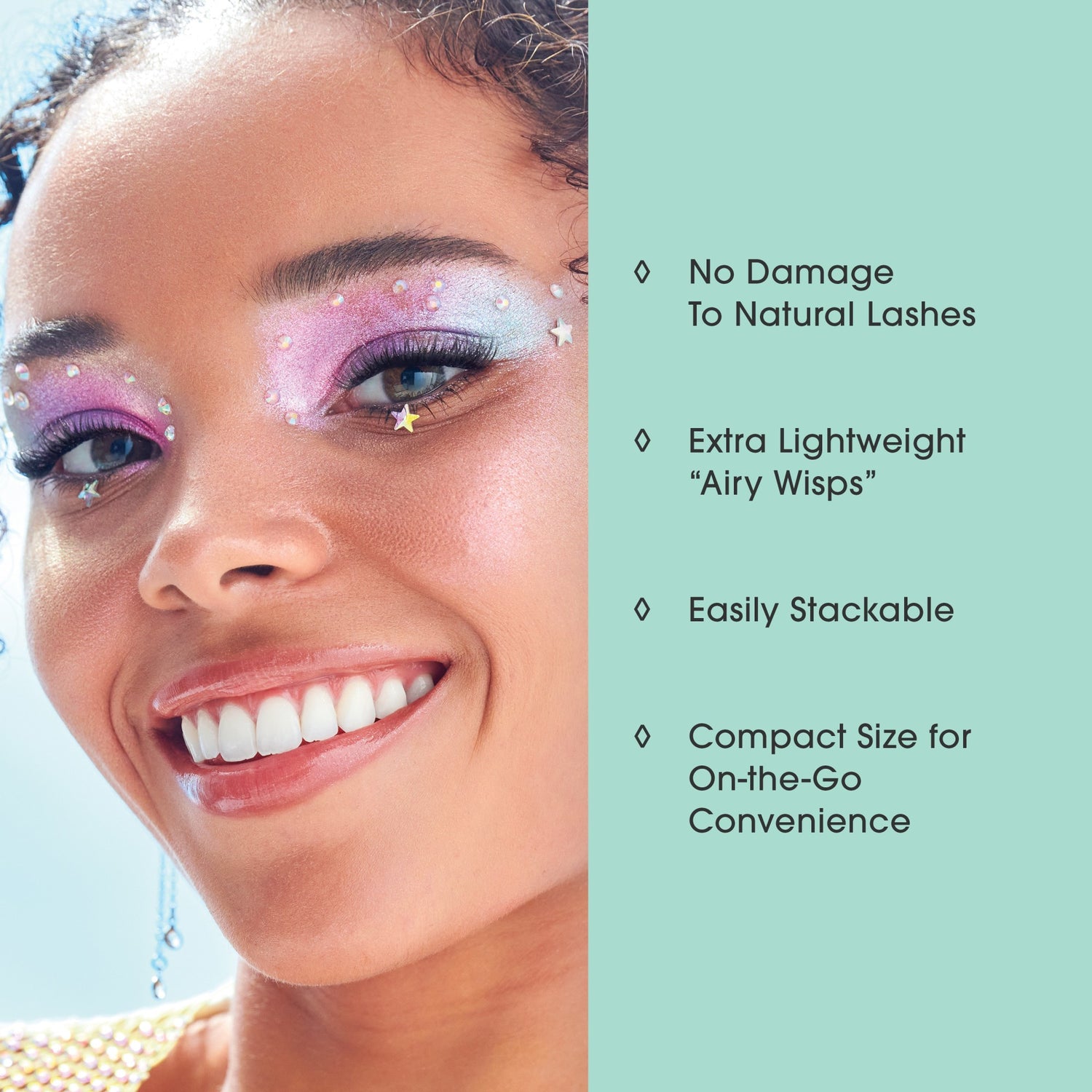 Woman wearing pink eyeshadow and false lashes with product benefits listed: no damage, lightweight, stackable, compact.