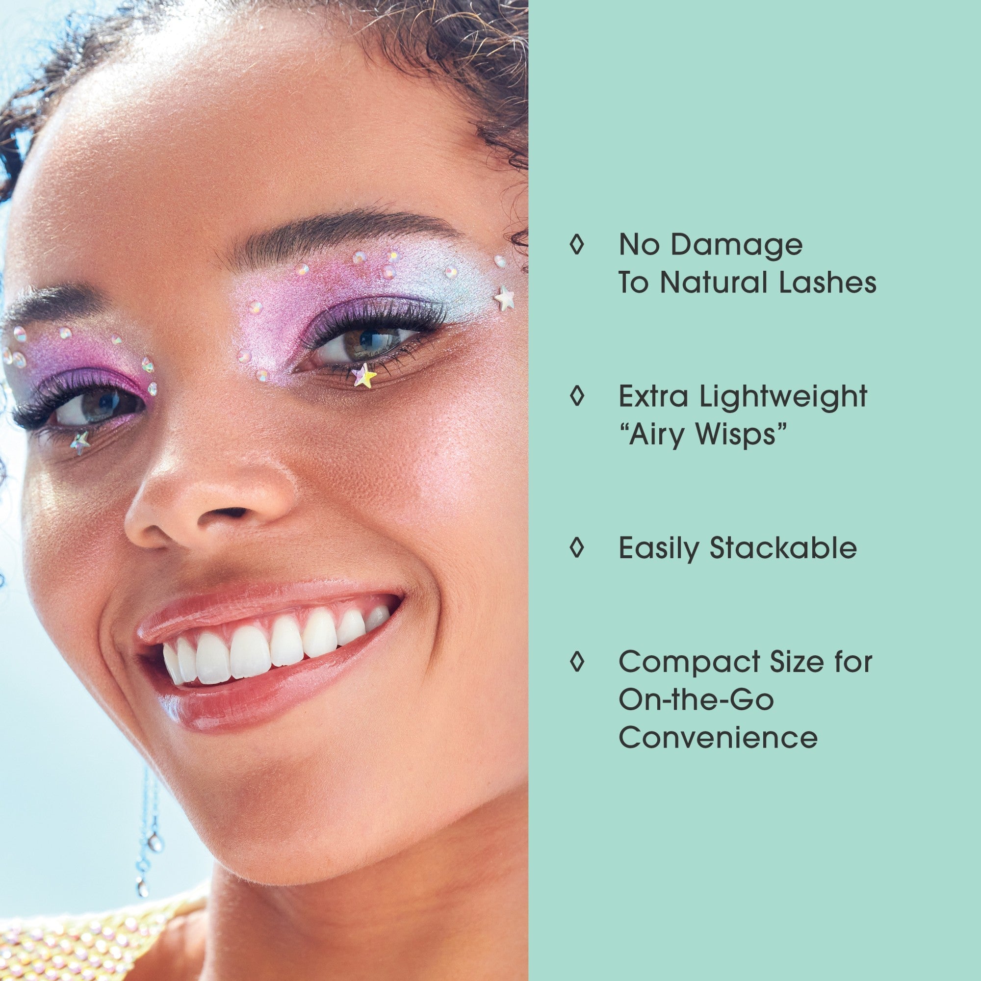 Woman wearing pink eyeshadow and false lashes with product benefits listed: no damage, lightweight, stackable, compact.