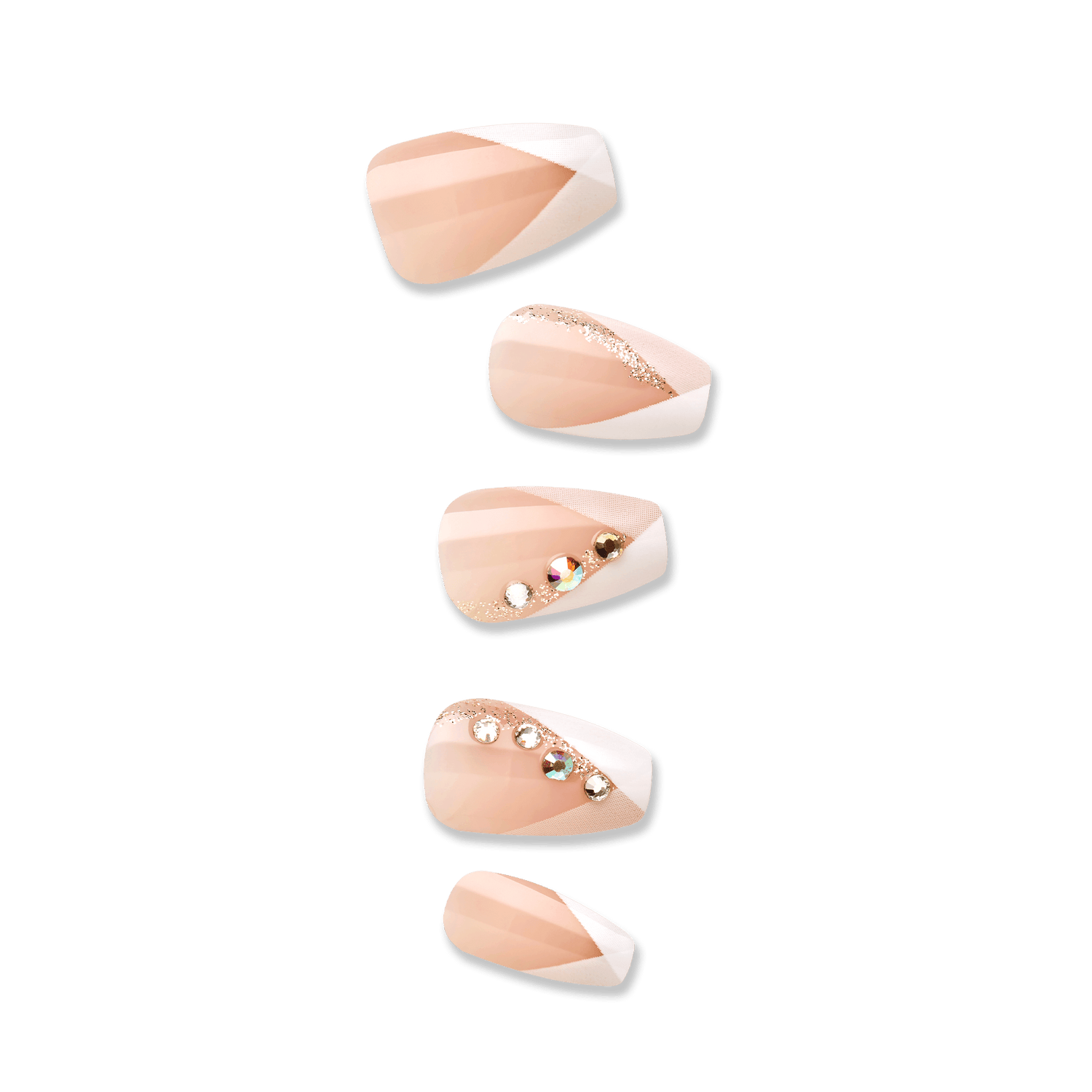 Set of five French press-on nails in soft nude and white shades with diagonal geometric patterns, glitter accents, and small rhinestones on two nails.