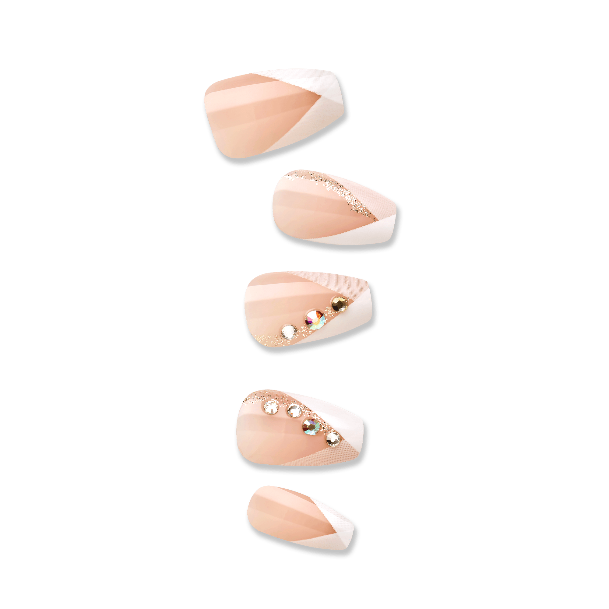 Set of five French press-on nails in soft nude and white shades with diagonal geometric patterns, glitter accents, and small rhinestones on two nails.
