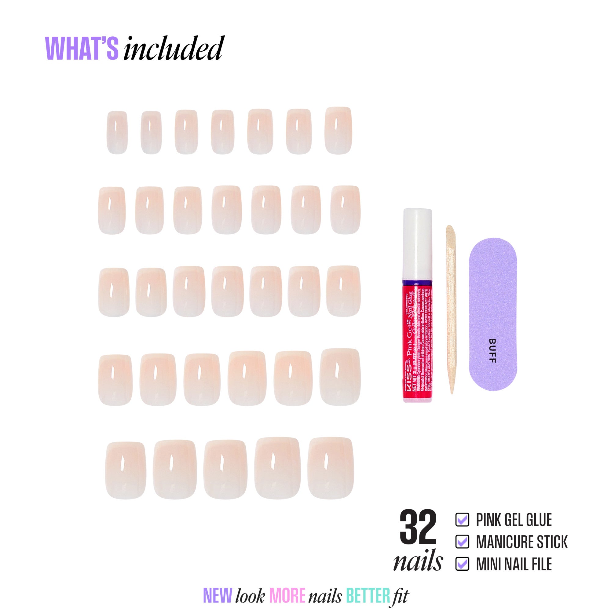 32 nude press-on nails with gel glue, manicure stick, and nail file included.