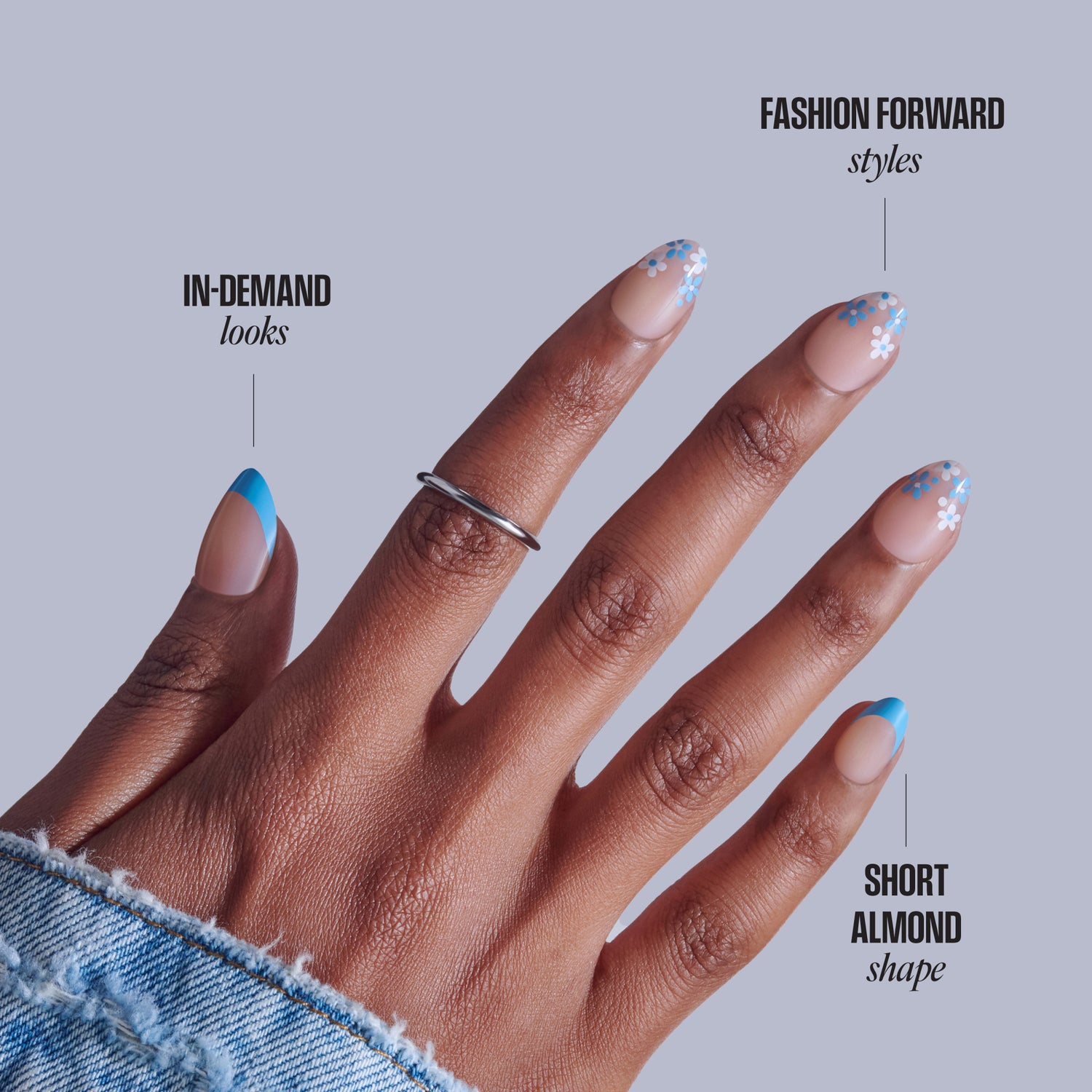 Hand displaying nail designs: blue geometric "in-demand" style, floral "fashion forward" style, and blue accent "short...