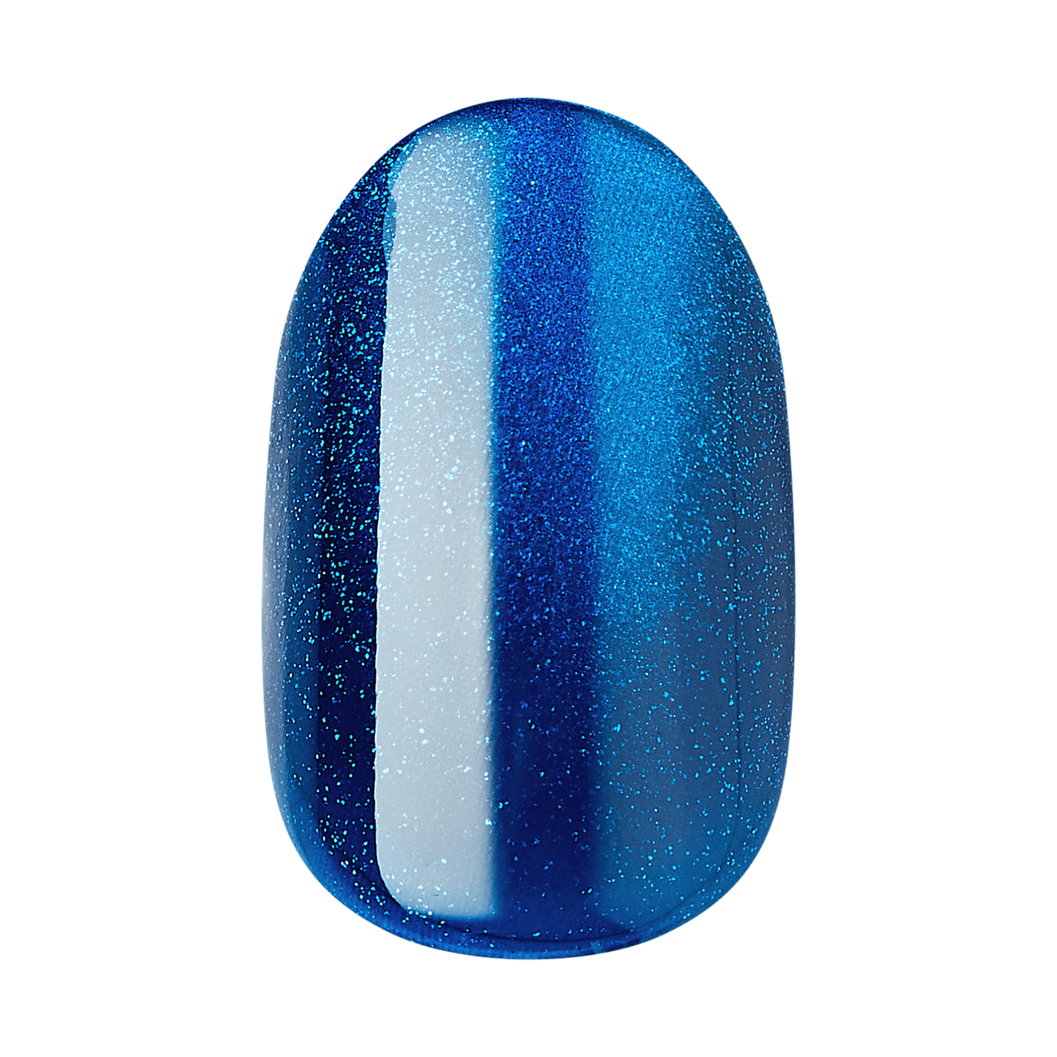 The image features a nail polish swatch in a gradient of blue shades. The color transitions from a deep, rich blue at one end to a lighter, almost icy blue at the other. The polish has a shimmering finish, with fine glitter particles that catch the light, adding depth and sparkle to the overall appearance. The shape of the swatch is oval, resembling a nail tip.