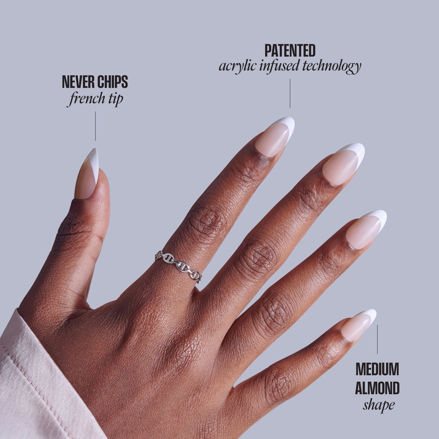 French tip acrylic nails with patented acrylic infused technology, medium almond shape, never chips.