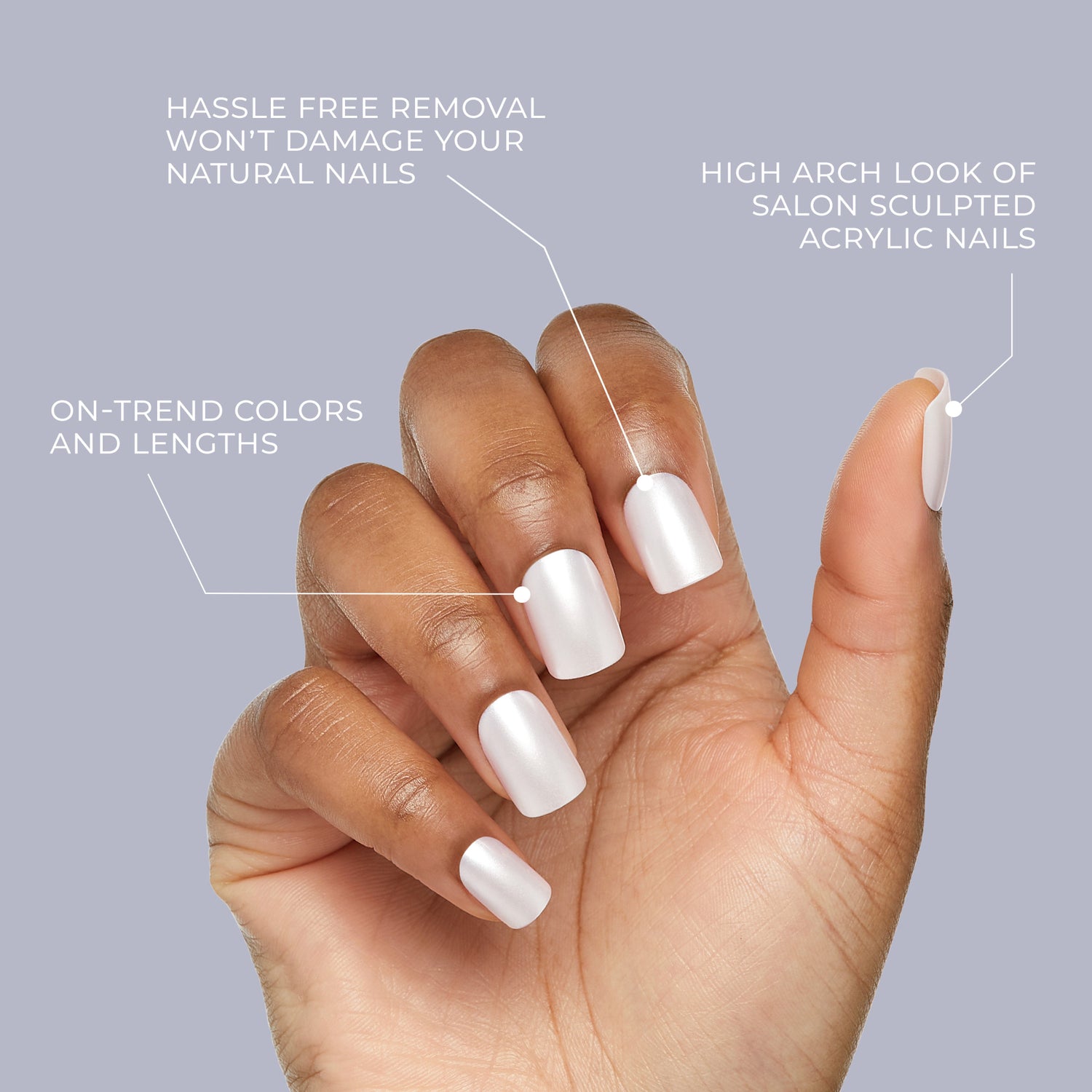 A close-up of a hand with light pearlescent white press-on nails showing a high arch salon acrylic look, with text highlighting hassle-free removal, on-trend colors, and lengths.