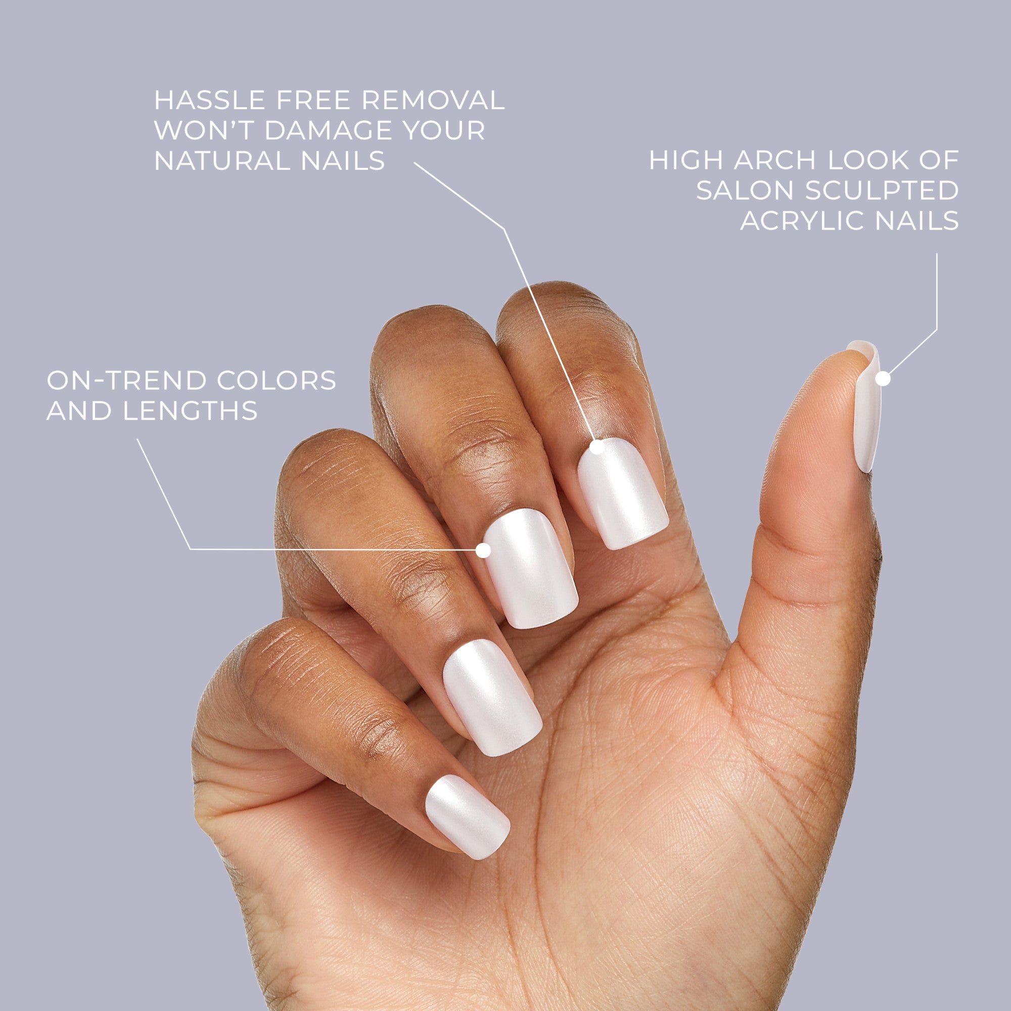 A close-up of a hand with light pearlescent white press-on nails showing a high arch salon acrylic look, with text highlighting hassle-free removal, on-trend colors, and lengths.