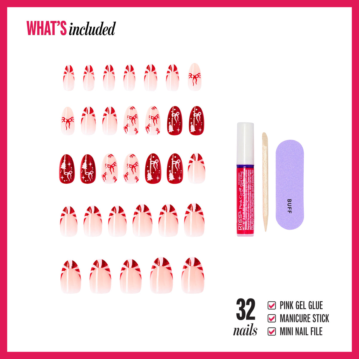 Kiss Merry Holiday Press On Fake Glue Nails - Twinkle All The Way | French Design, Red, Medium, Almond