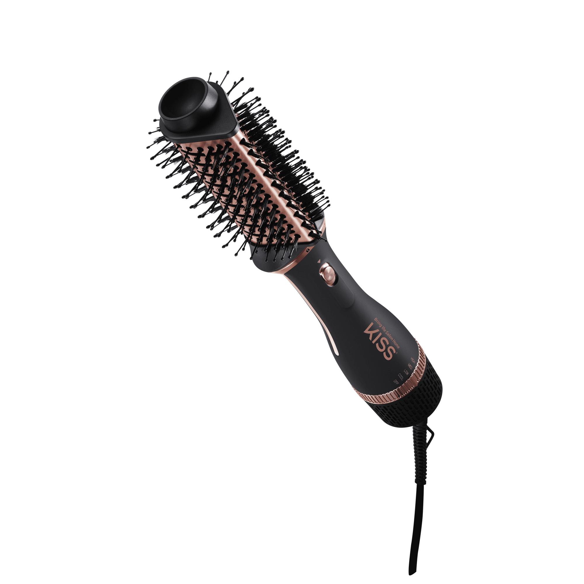 The image shows a black and rose gold hair styling tool, specifically a hot air brush. The brush has a cylindrical barrel with bristles surrounding it, designed for styling and drying hair simultaneously. The handle is ergonomically shaped for easy grip and features a power button. The brand name "KISS" is visible on the handle. The device has a power cord attached at the bottom.
