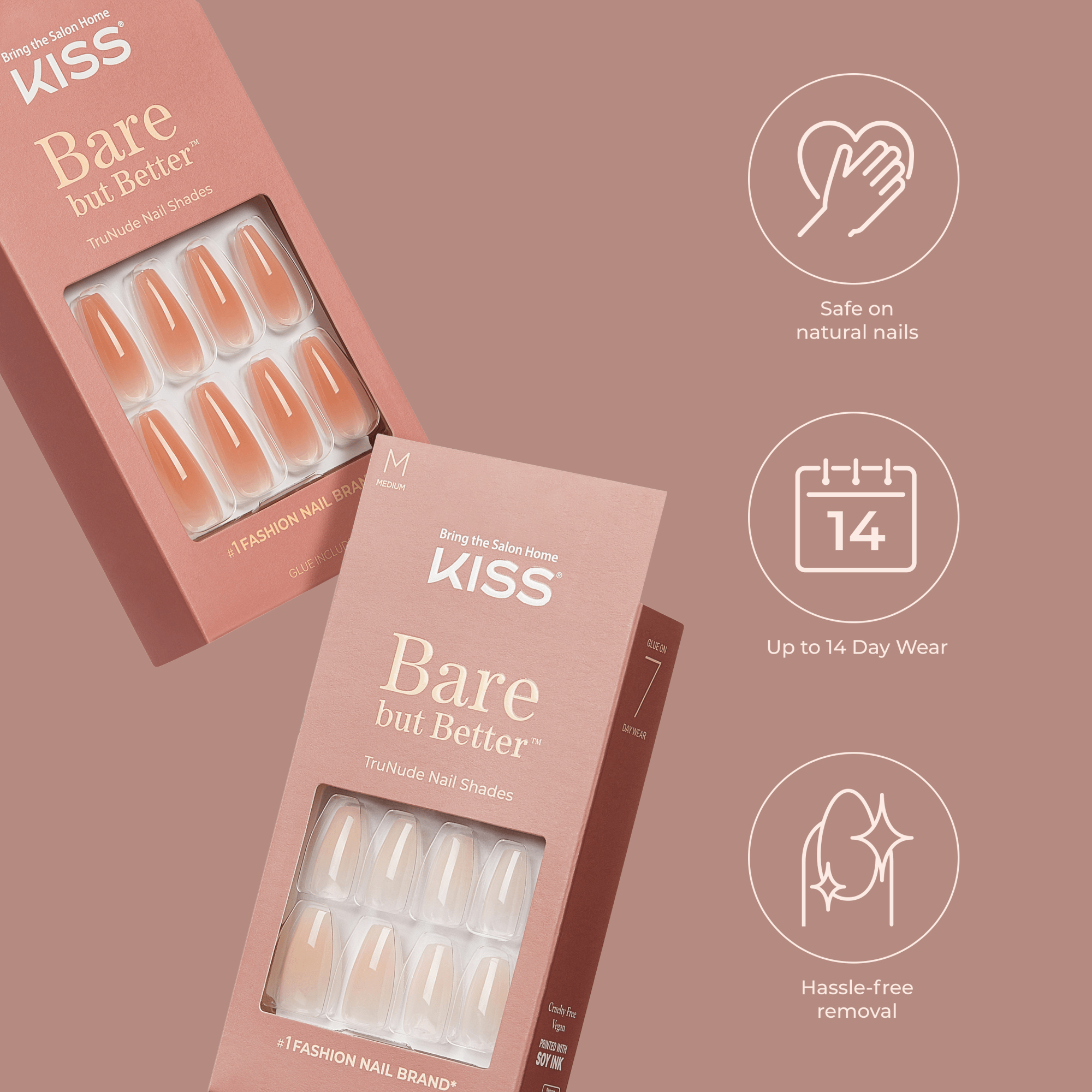 Two pink packages of KISS Bare but Better TruNude Press On Glue Nails in medium sizes, showing nude shades through a clear window. Text highlights safe on natural nails, up to 14-day wear, and hassle-free removal.
