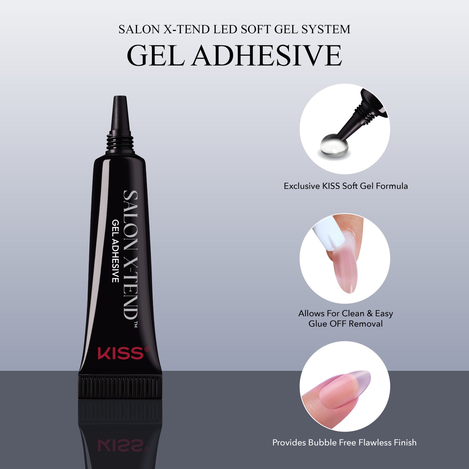 KISS Salon X-Tend LED Soft Gel Adhesive with applicator and product benefits highlighted.