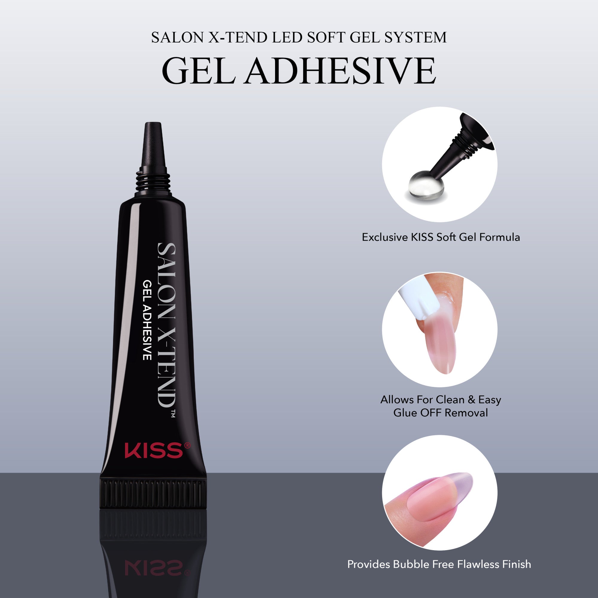 KISS Salon X-Tend LED Soft Gel Adhesive with applicator and product benefits highlighted.