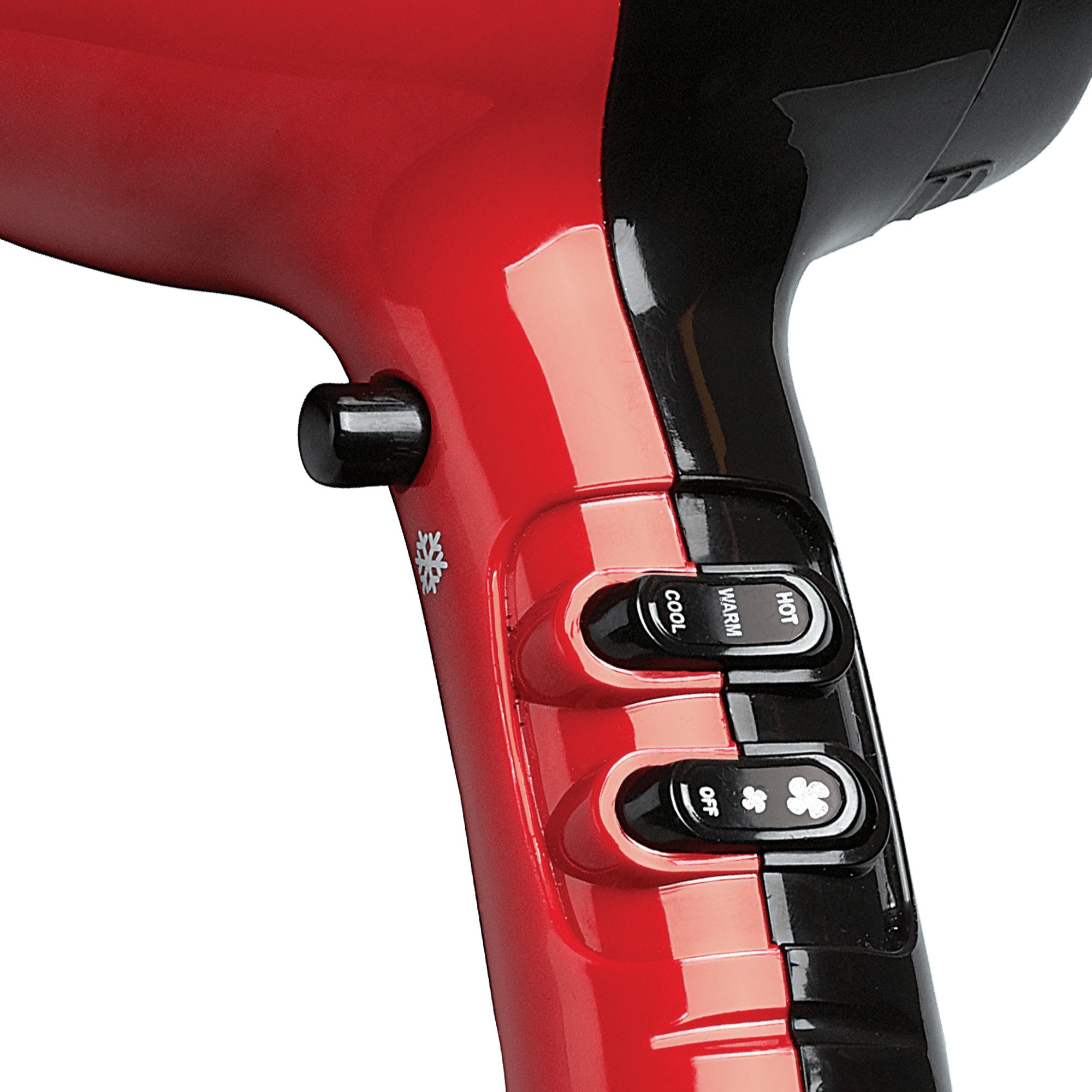 Close-up view of the red and black 1875 Pro Tourmaline Ceramic Dryer handle featuring temperature controls labeled Hot, Warm, Cool, and fan speed settings Off, Low, High.