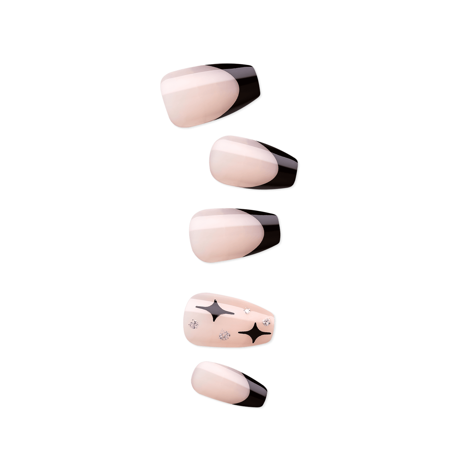 Set of five press-on nails featuring a glossy beige and black color block design, one nail with black star and silver glitter accents.