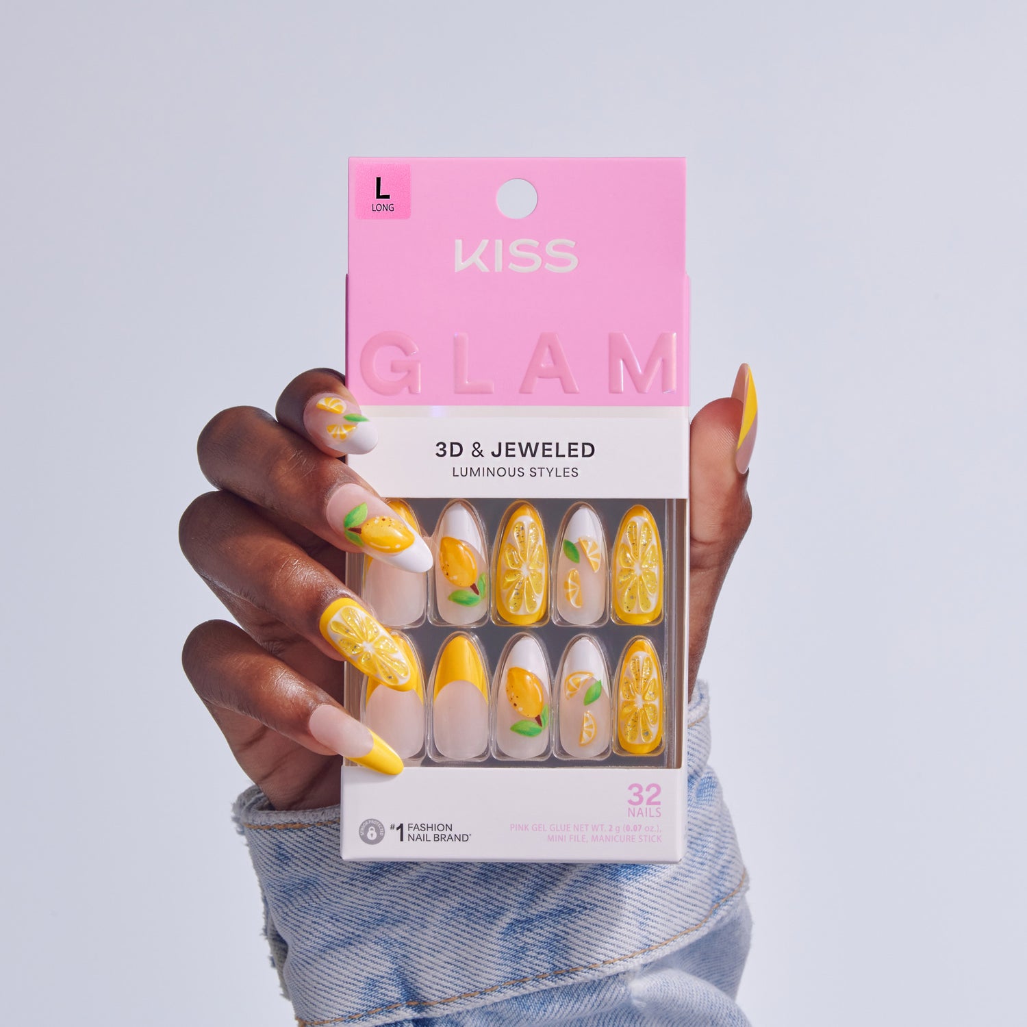 KISS Glam 3D &amp; Jeweled fake nails with lemon designs, size L, 32 nails.