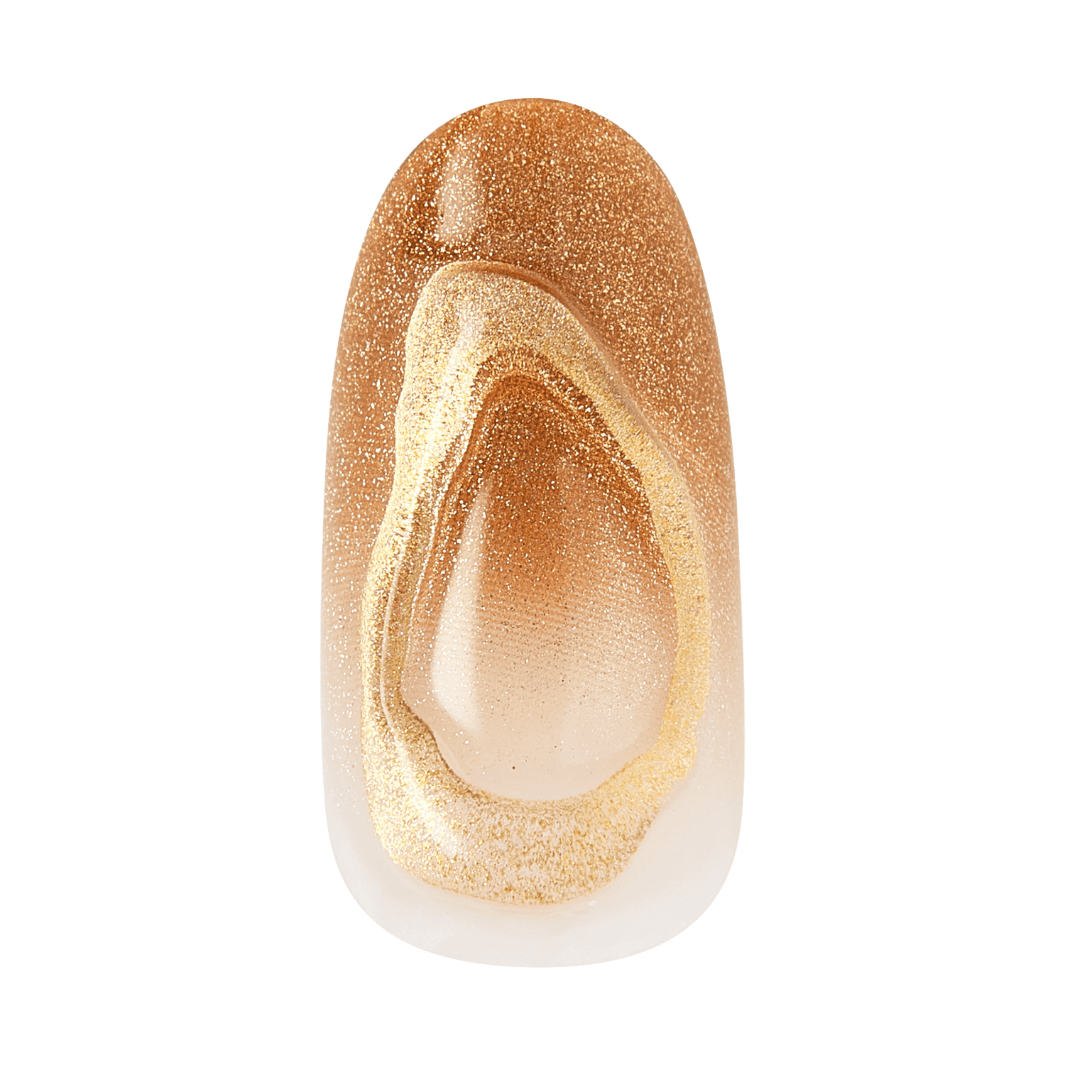 Oval nail with gold glitter gradient design from nude base to bronze tip