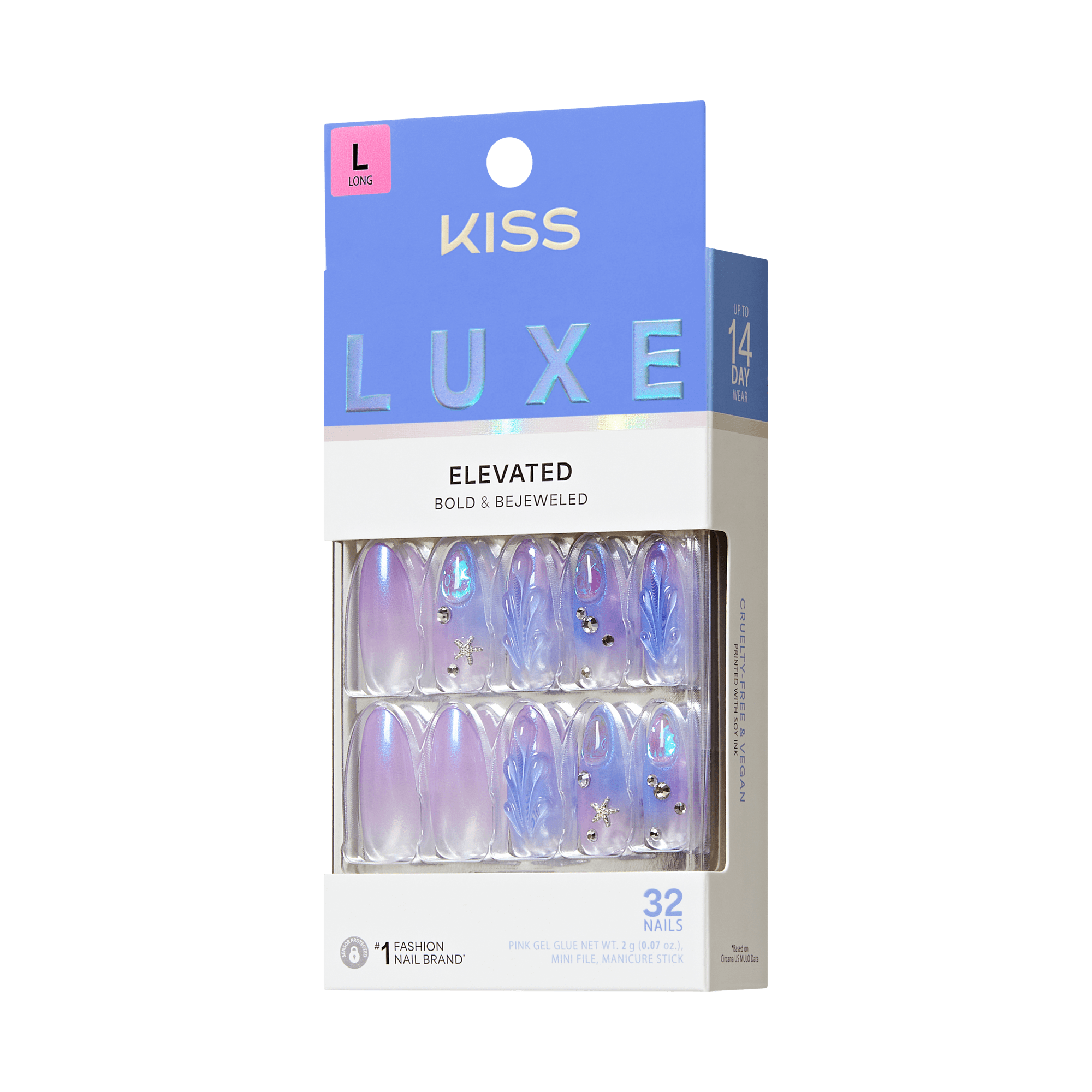 KISS Luxe Elevated long press-on nails, 32 pack, bold and bejeweled purple design.